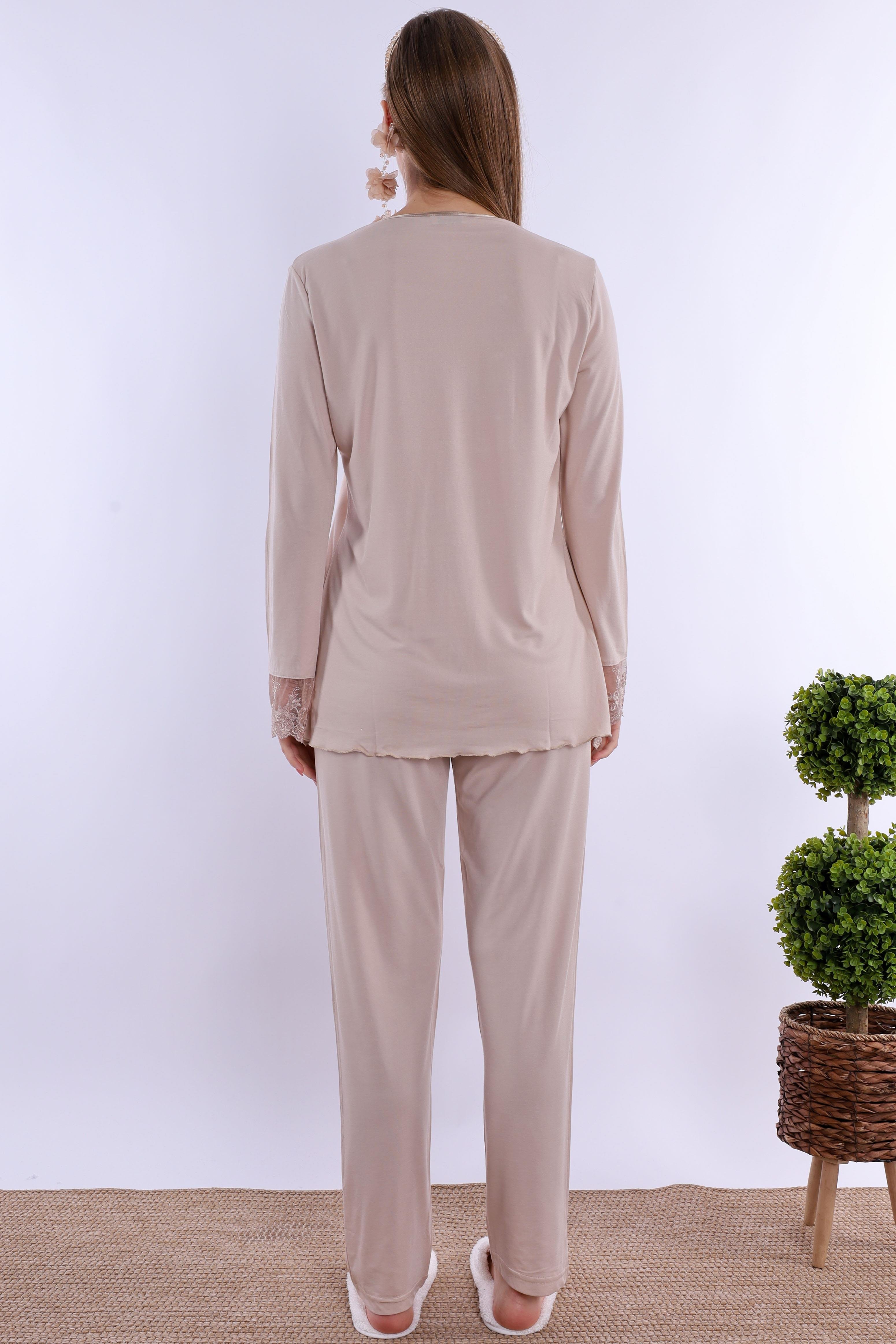 2T30472 Bej Tesettürlü Uzun Sabahlıklı Hamile Lohusa Pijama Takımı