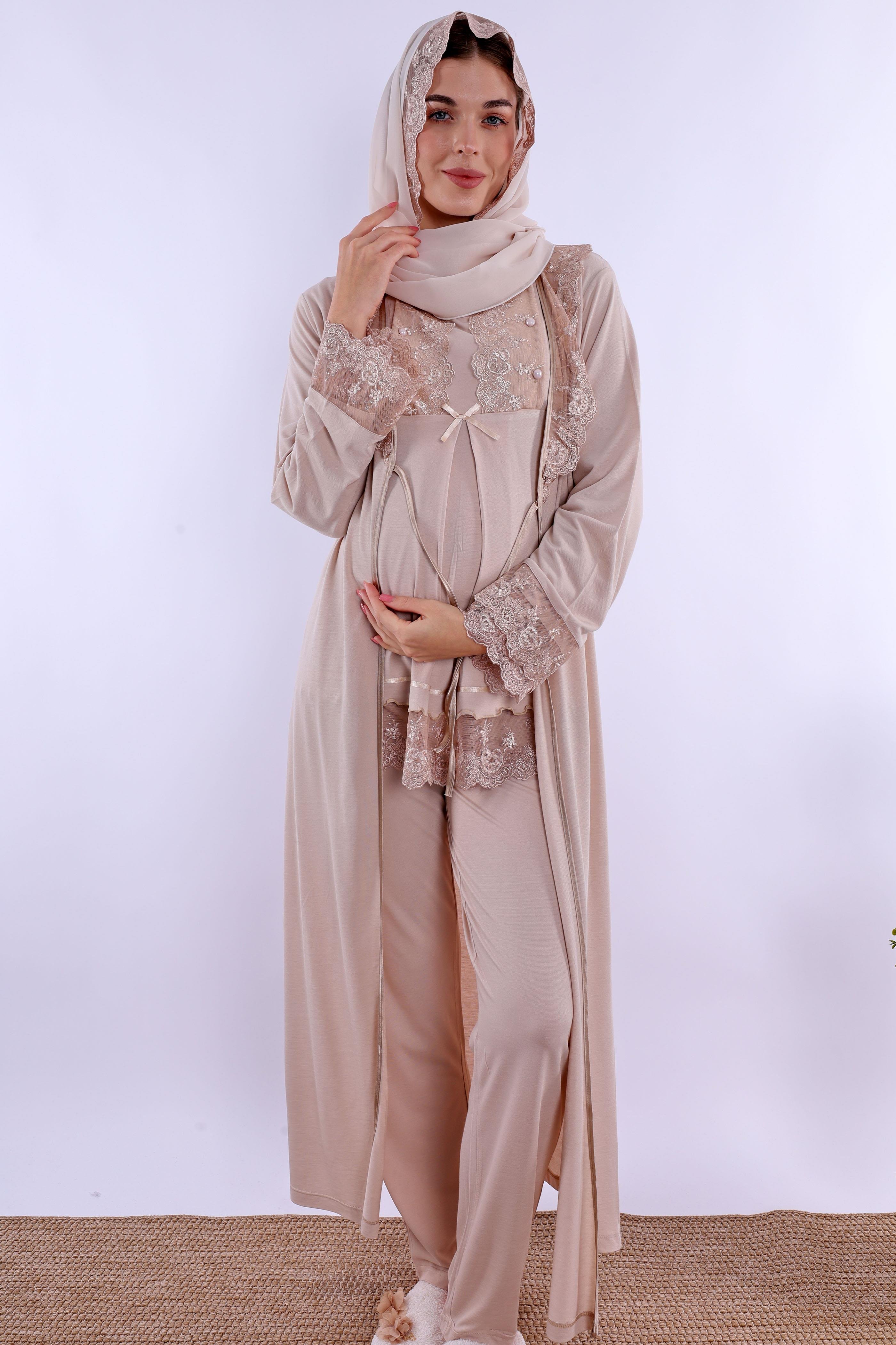 2T30472 Bej Tesettürlü Uzun Sabahlıklı Hamile Lohusa Pijama Takımı