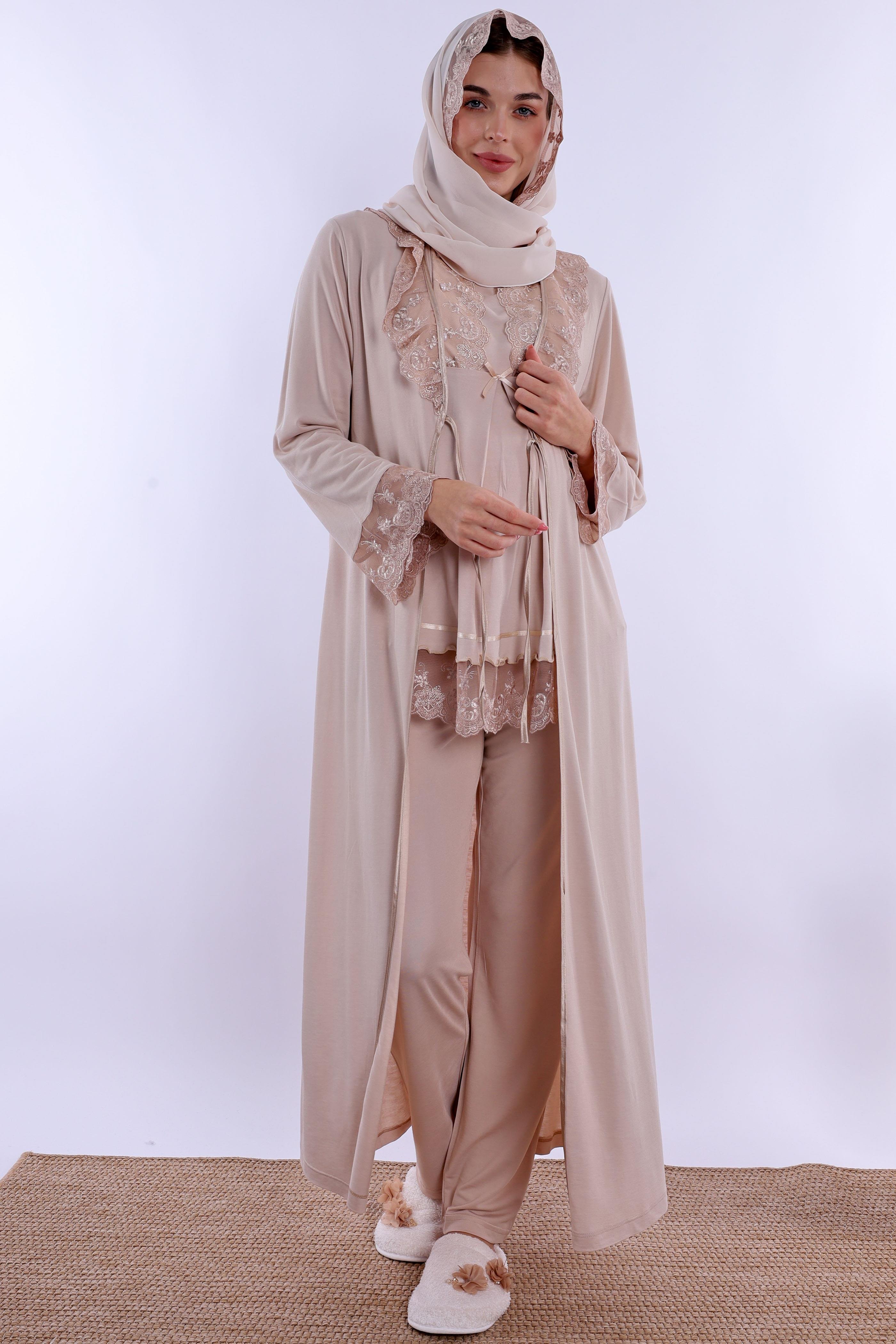 2T30472 Bej Tesettürlü Uzun Sabahlıklı Hamile Lohusa Pijama Takımı