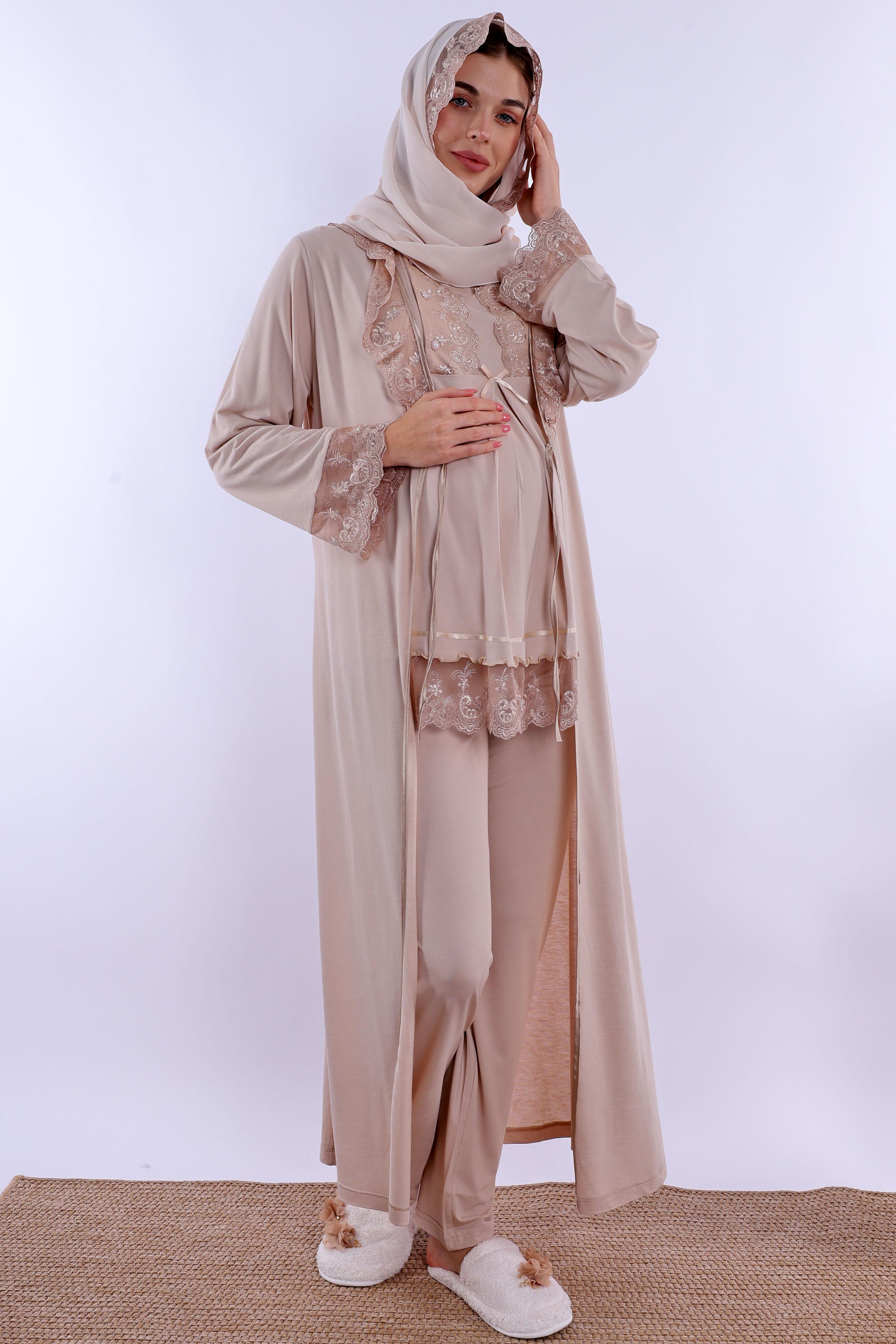 2T30472 Bej Tesettürlü Uzun Sabahlıklı Hamile Lohusa Pijama Takımı