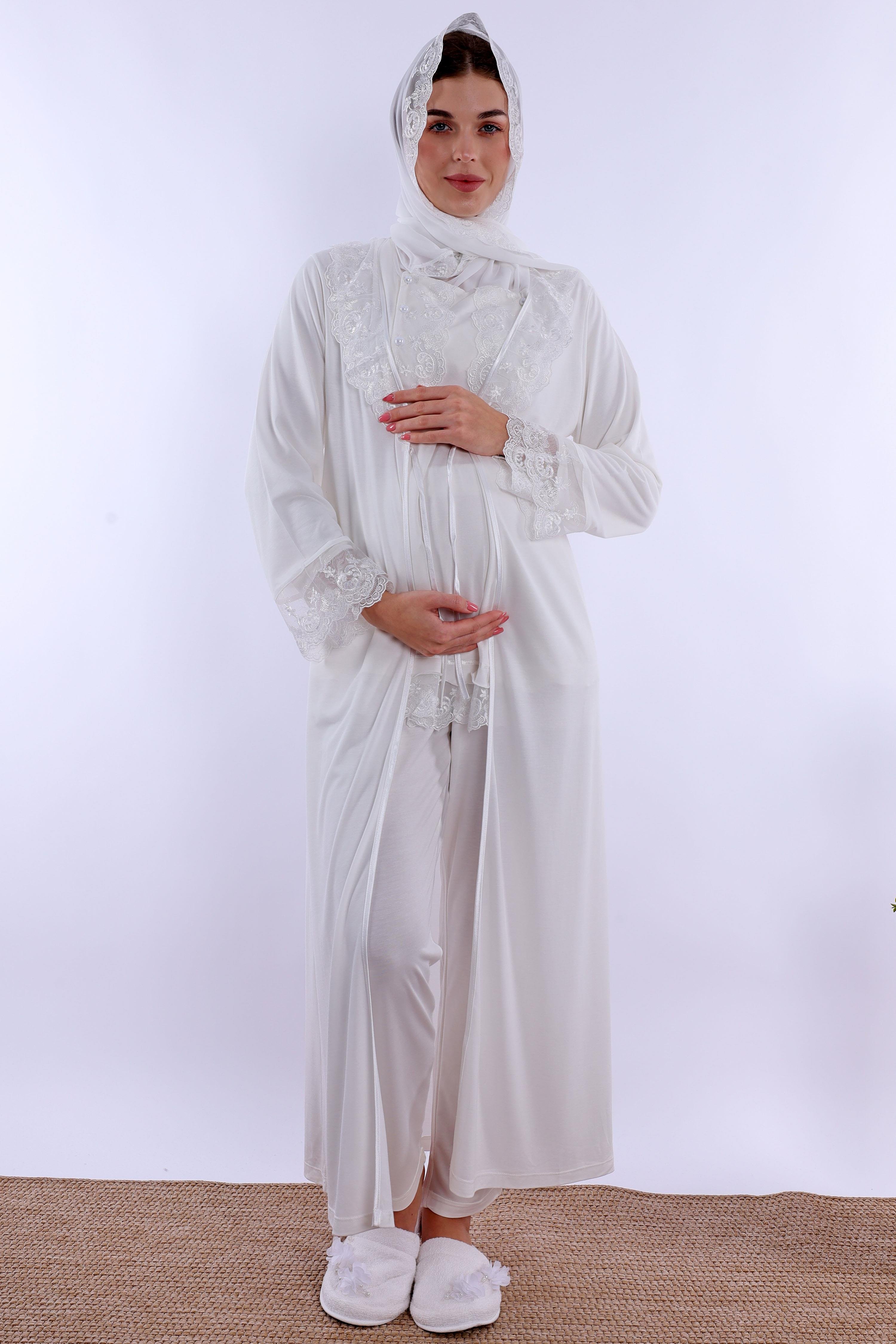 2T30472 Ekru Tesettürlü Uzun Sabahlıklı Hamile Lohusa Pijama Takımı
