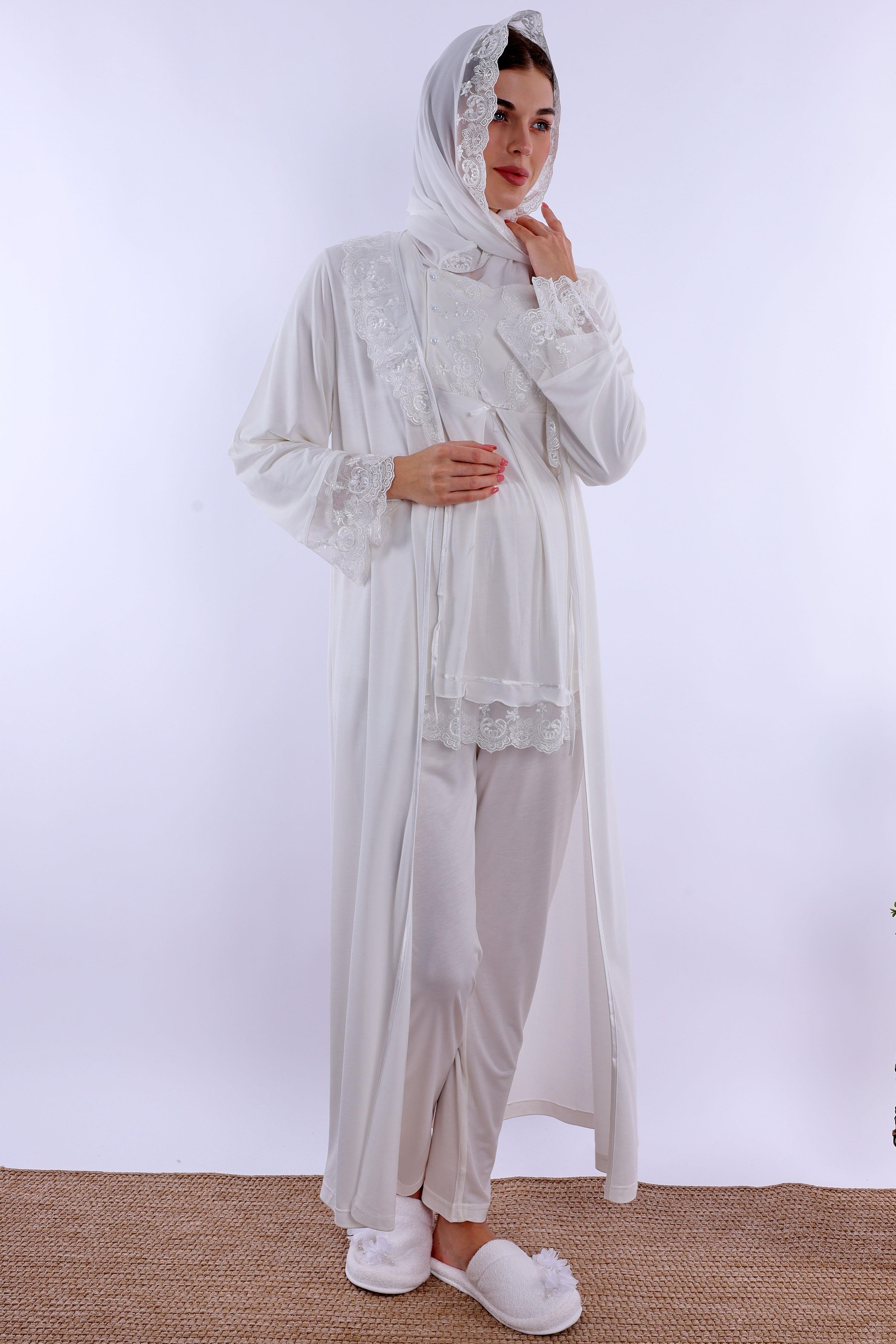 2T30472 Ekru Tesettürlü Uzun Sabahlıklı Hamile Lohusa Pijama Takımı