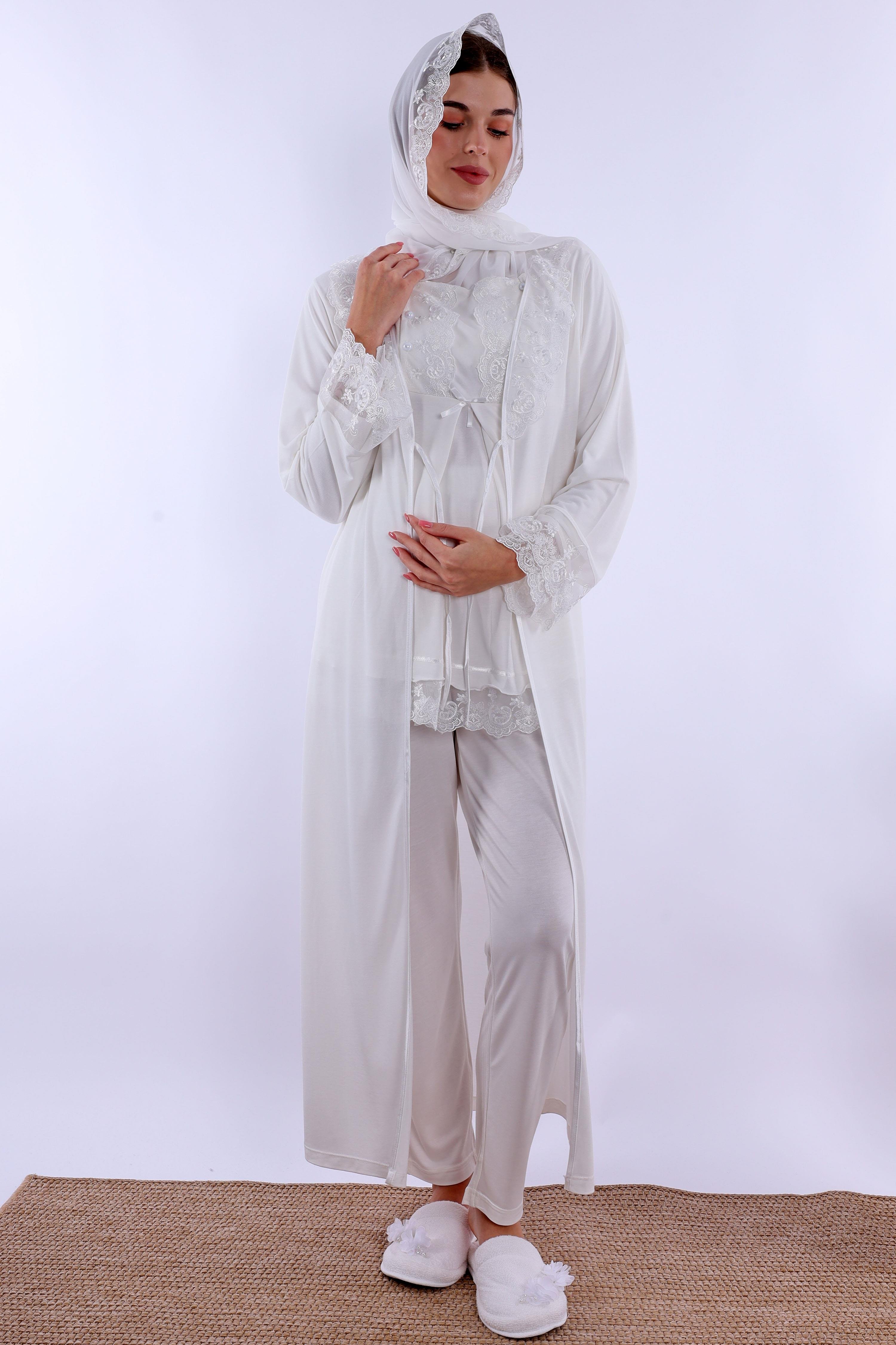 2T30472 Ekru Tesettürlü Uzun Sabahlıklı Hamile Lohusa Pijama Takımı