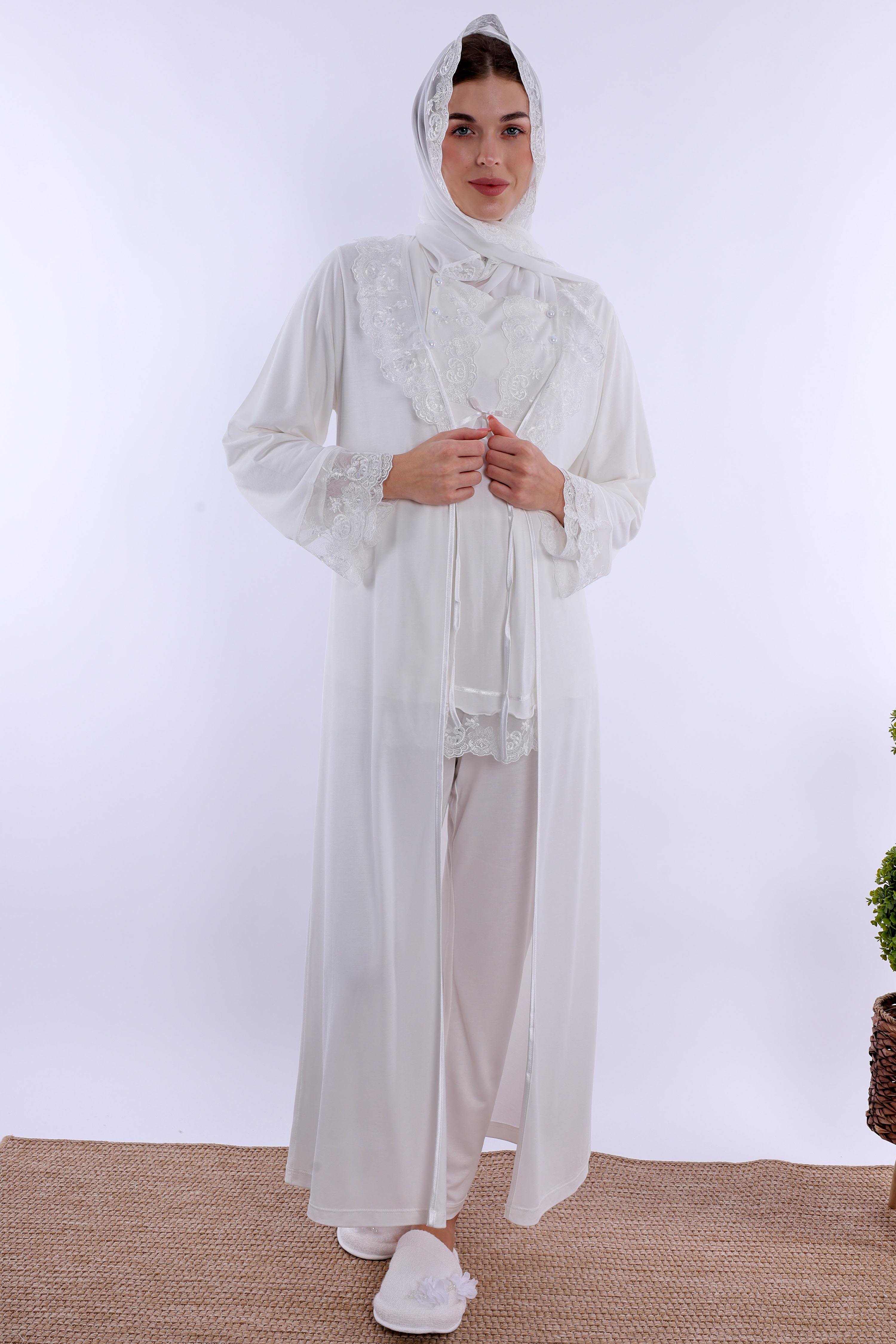 2T30472 Ekru Tesettürlü Uzun Sabahlıklı Hamile Lohusa Pijama Takımı