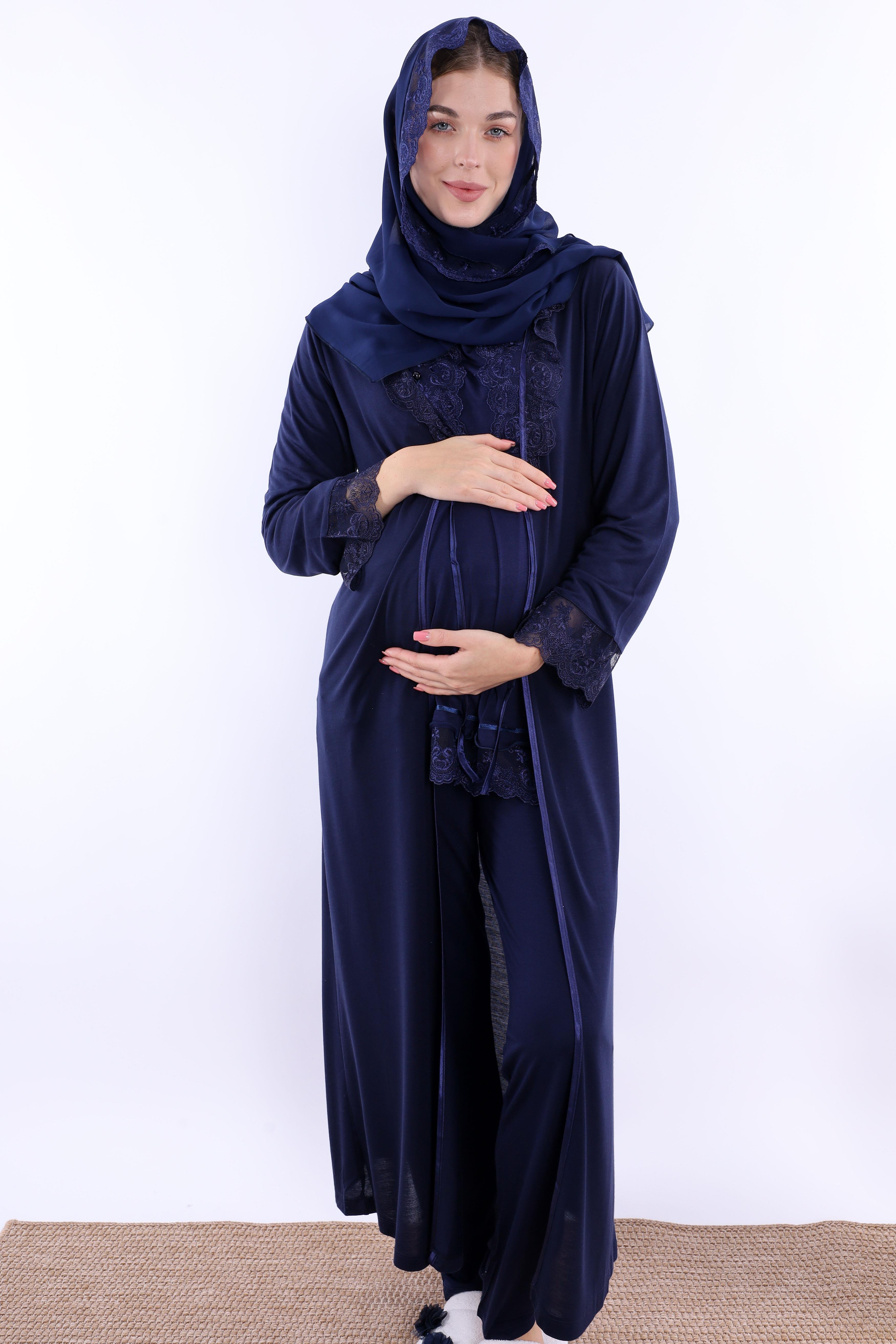 2T30472 Lacivert Tesettürlü Uzun Sabahlıklı Hamile Lohusa Pijama Takımı