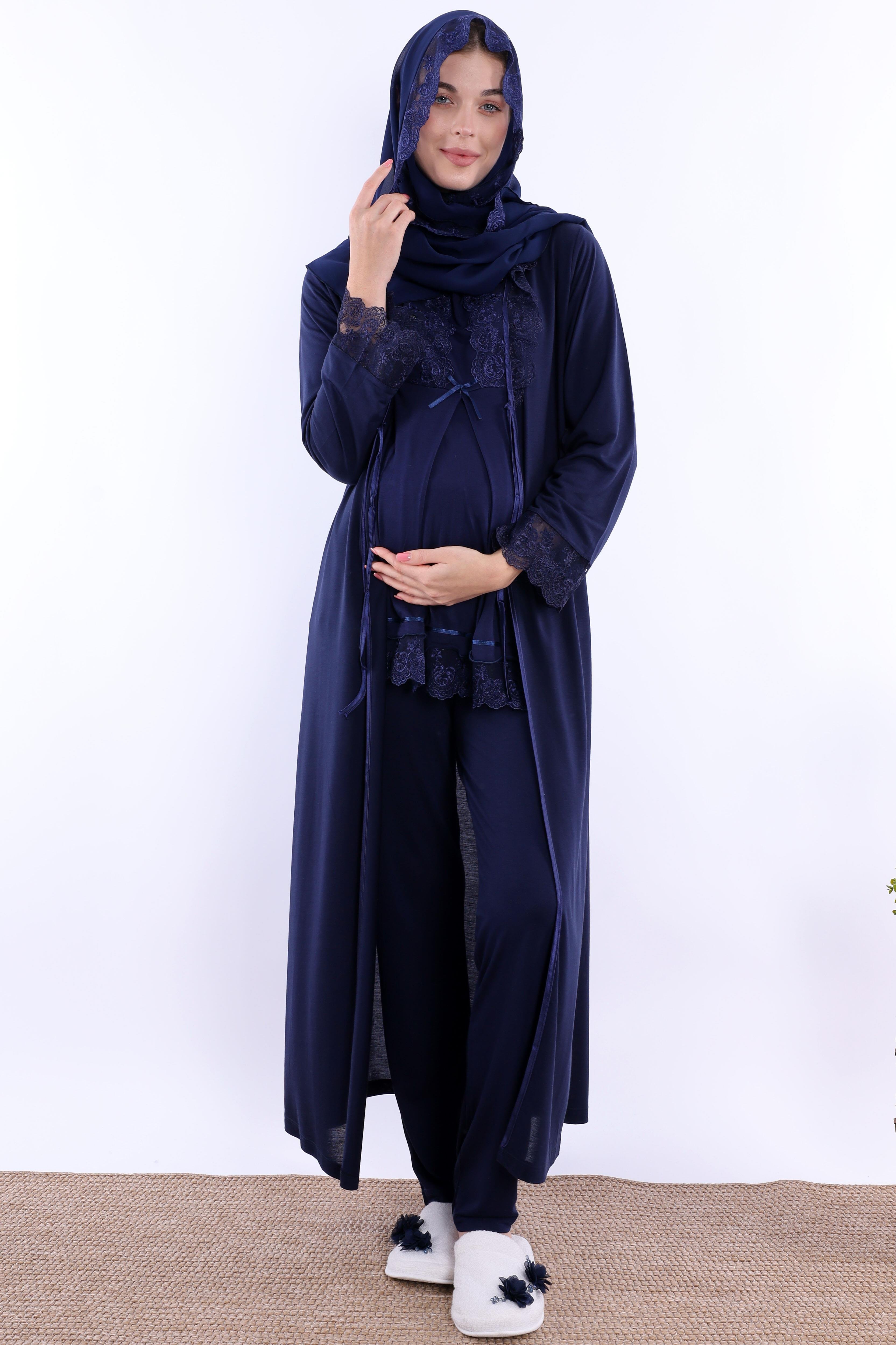 2T30472 Lacivert Tesettürlü Uzun Sabahlıklı Hamile Lohusa Pijama Takımı