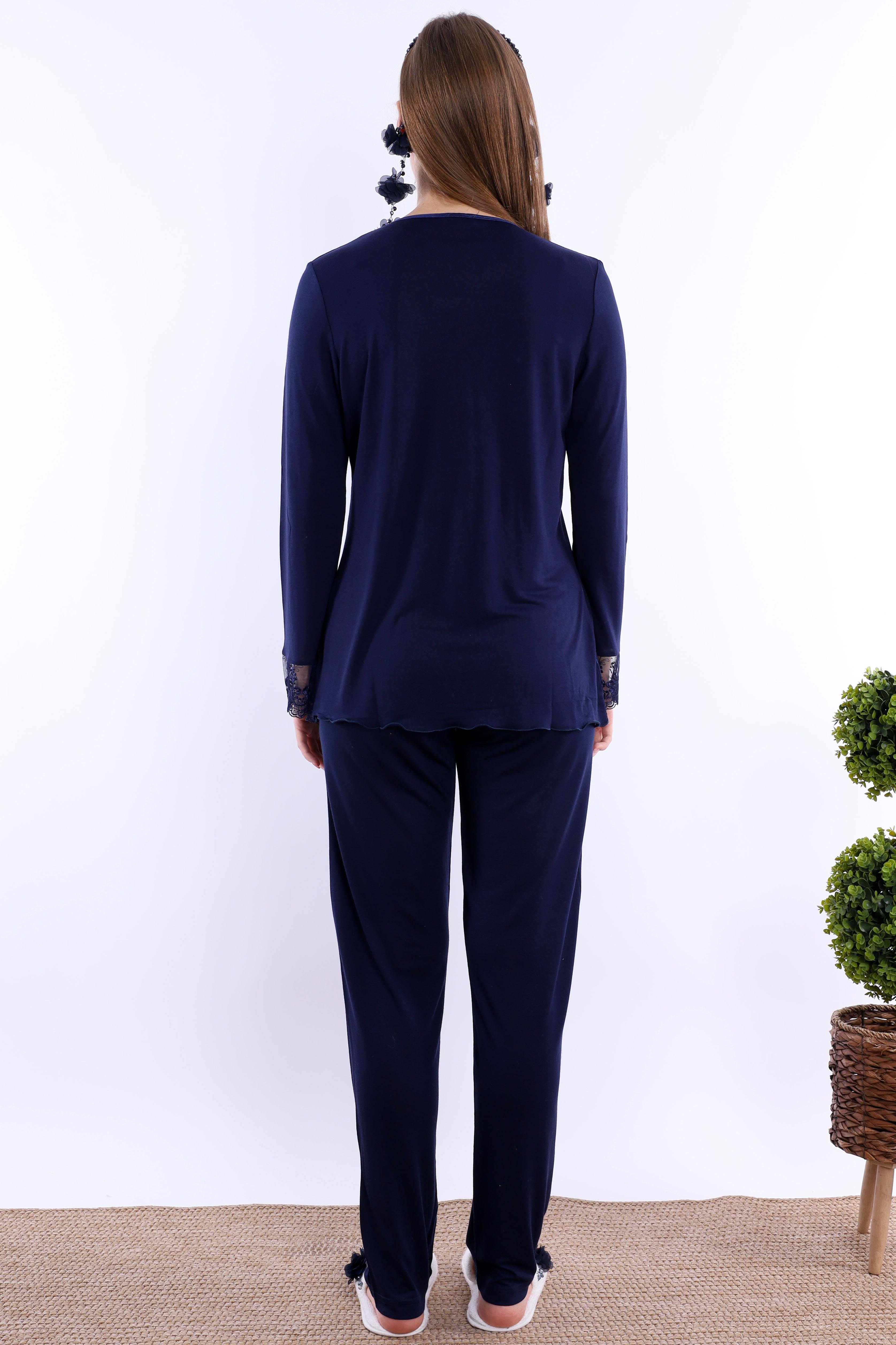 2T30472 Lacivert Tesettürlü Uzun Sabahlıklı Hamile Lohusa Pijama Takımı