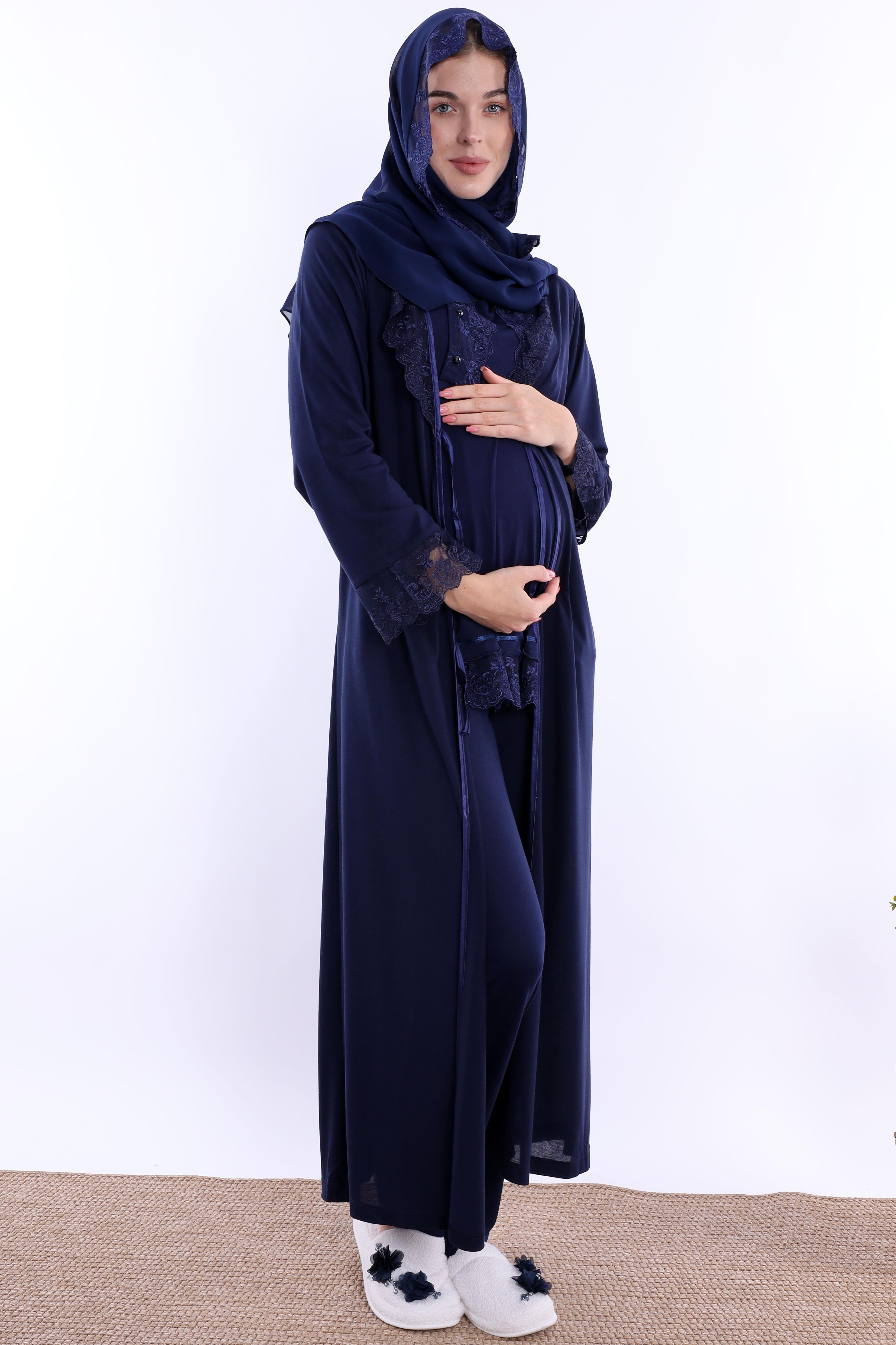 2T30472 Lacivert Tesettürlü Uzun Sabahlıklı Hamile Lohusa Pijama Takımı