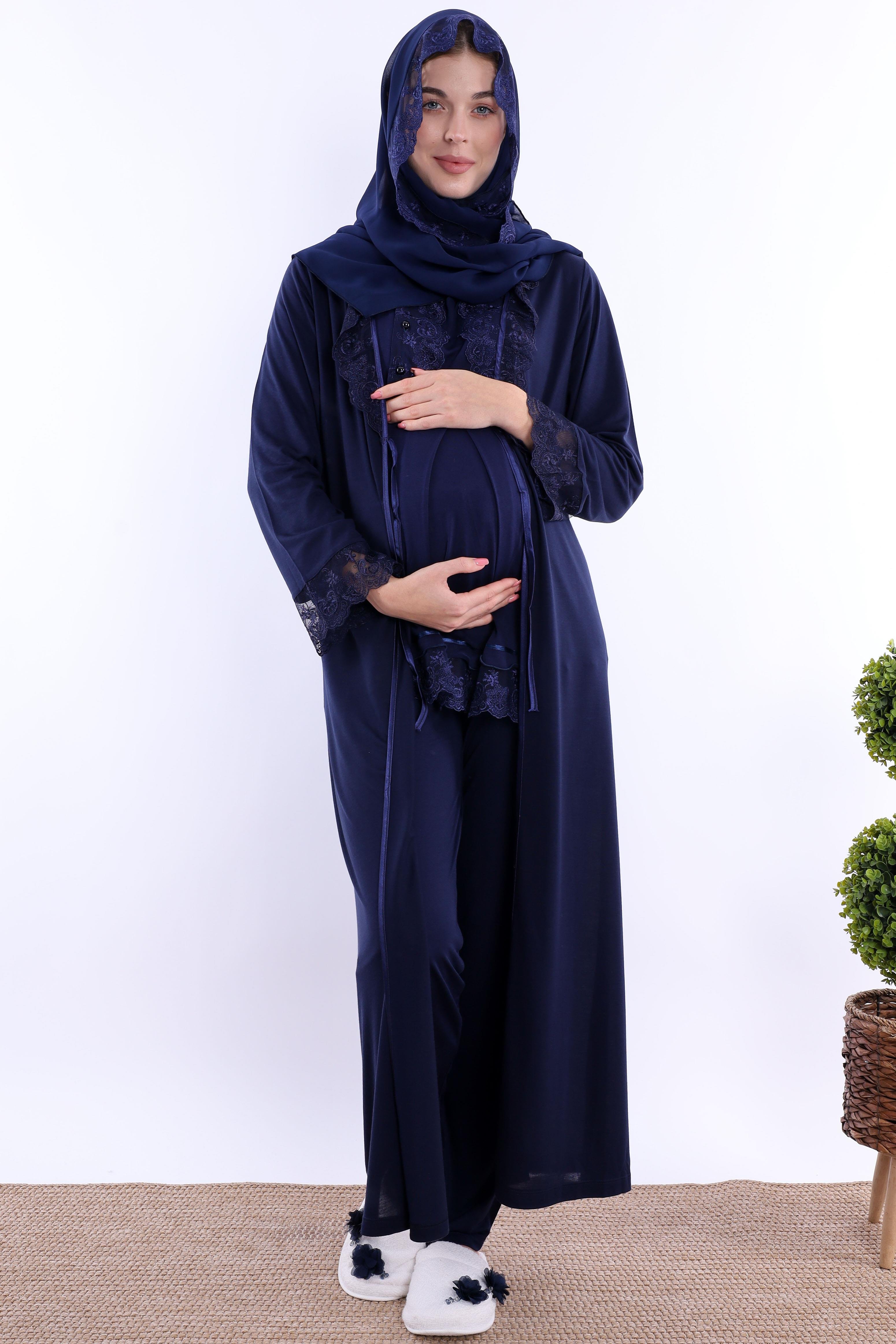2T30472 Lacivert Tesettürlü Uzun Sabahlıklı Hamile Lohusa Pijama Takımı