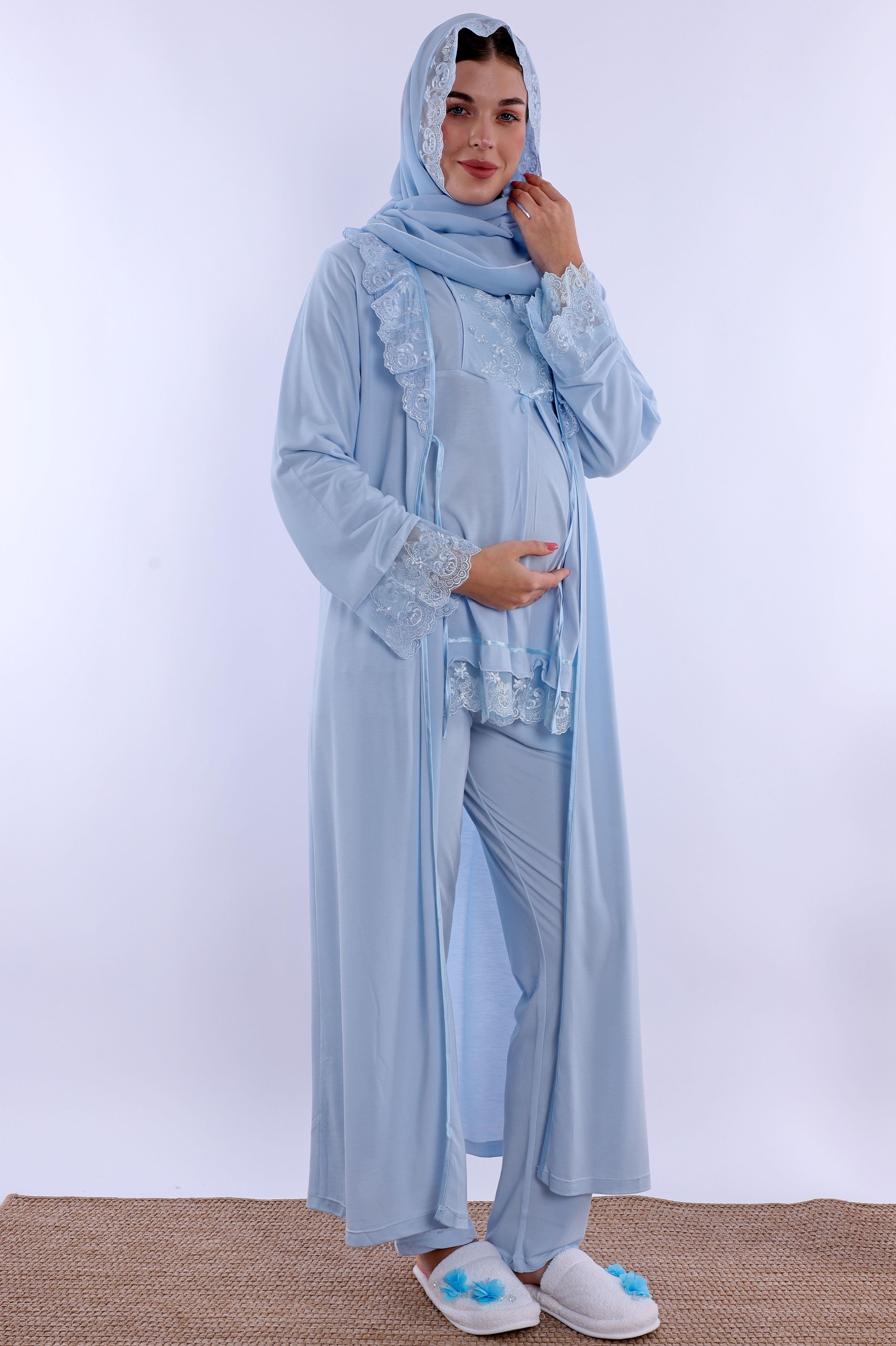 2T30472 Mavi Tesettürlü Uzun Sabahlıklı Hamile Lohusa Pijama Takımı