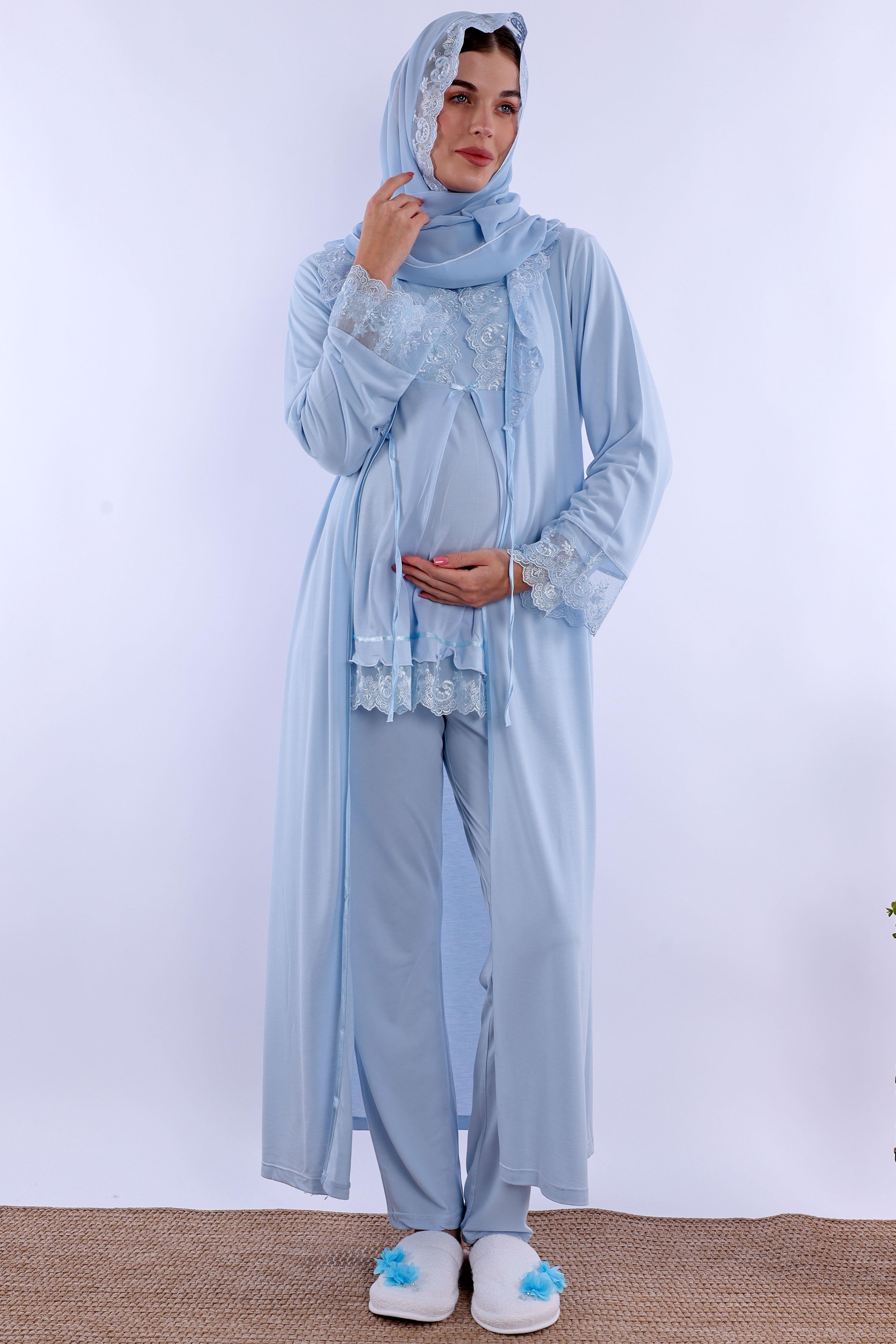 2T30472 Mavi Tesettürlü Uzun Sabahlıklı Hamile Lohusa Pijama Takımı