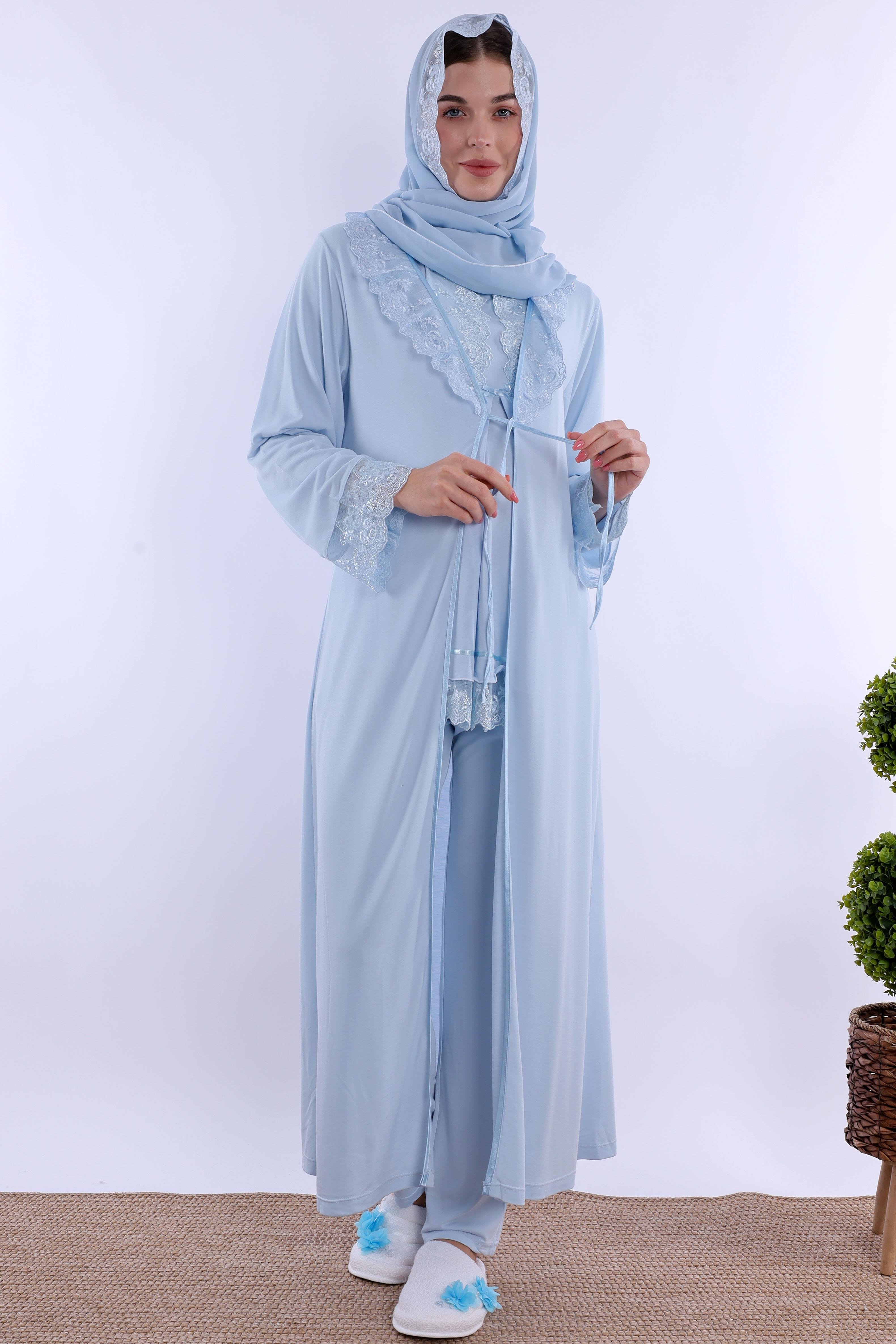 2T30472 Mavi Tesettürlü Uzun Sabahlıklı Hamile Lohusa Pijama Takımı