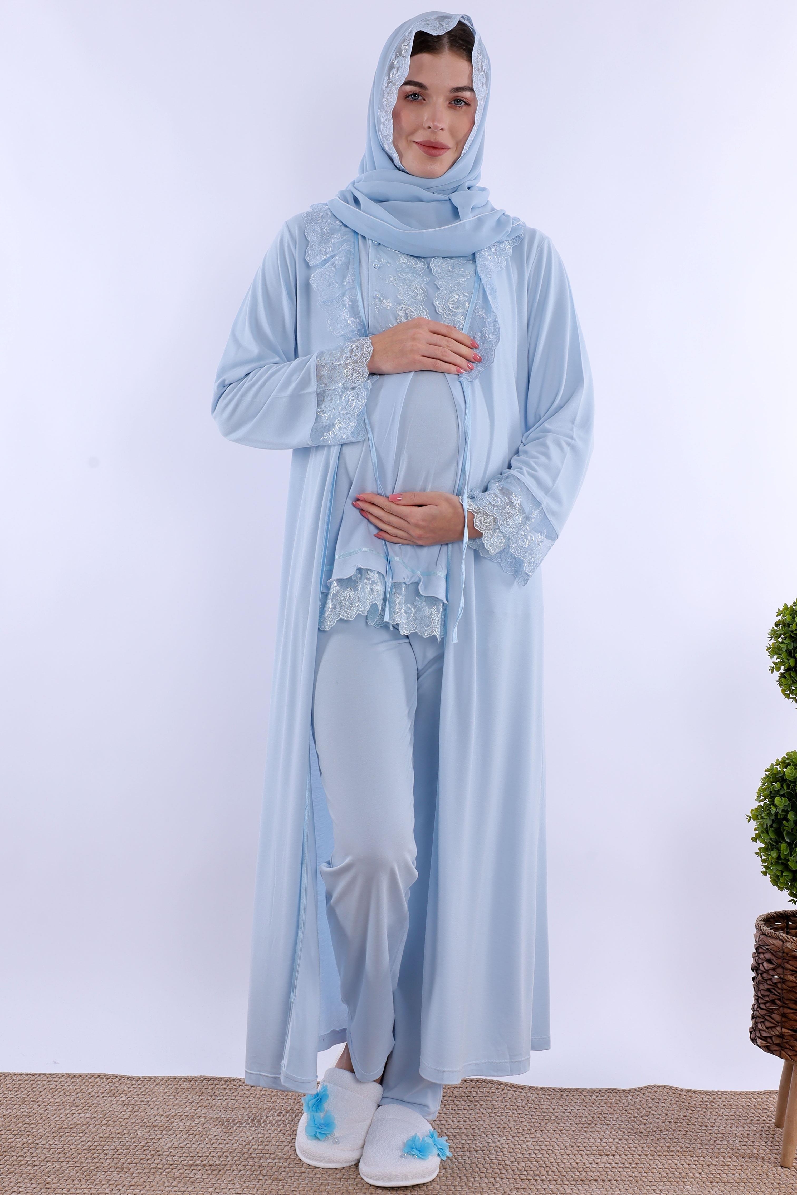 2T30472 Mavi Tesettürlü Uzun Sabahlıklı Hamile Lohusa Pijama Takımı
