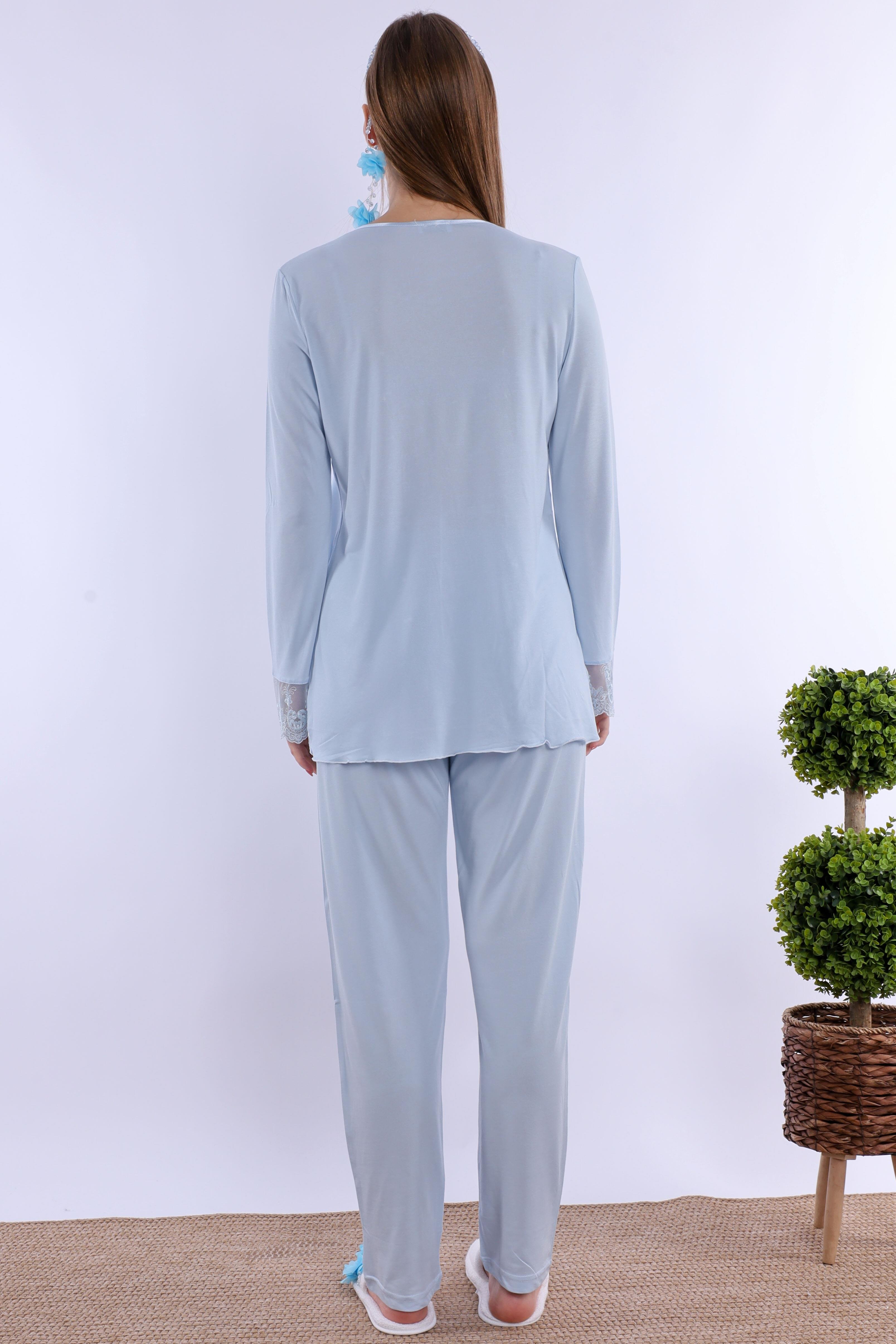 2T30472 Mavi Tesettürlü Uzun Sabahlıklı Hamile Lohusa Pijama Takımı