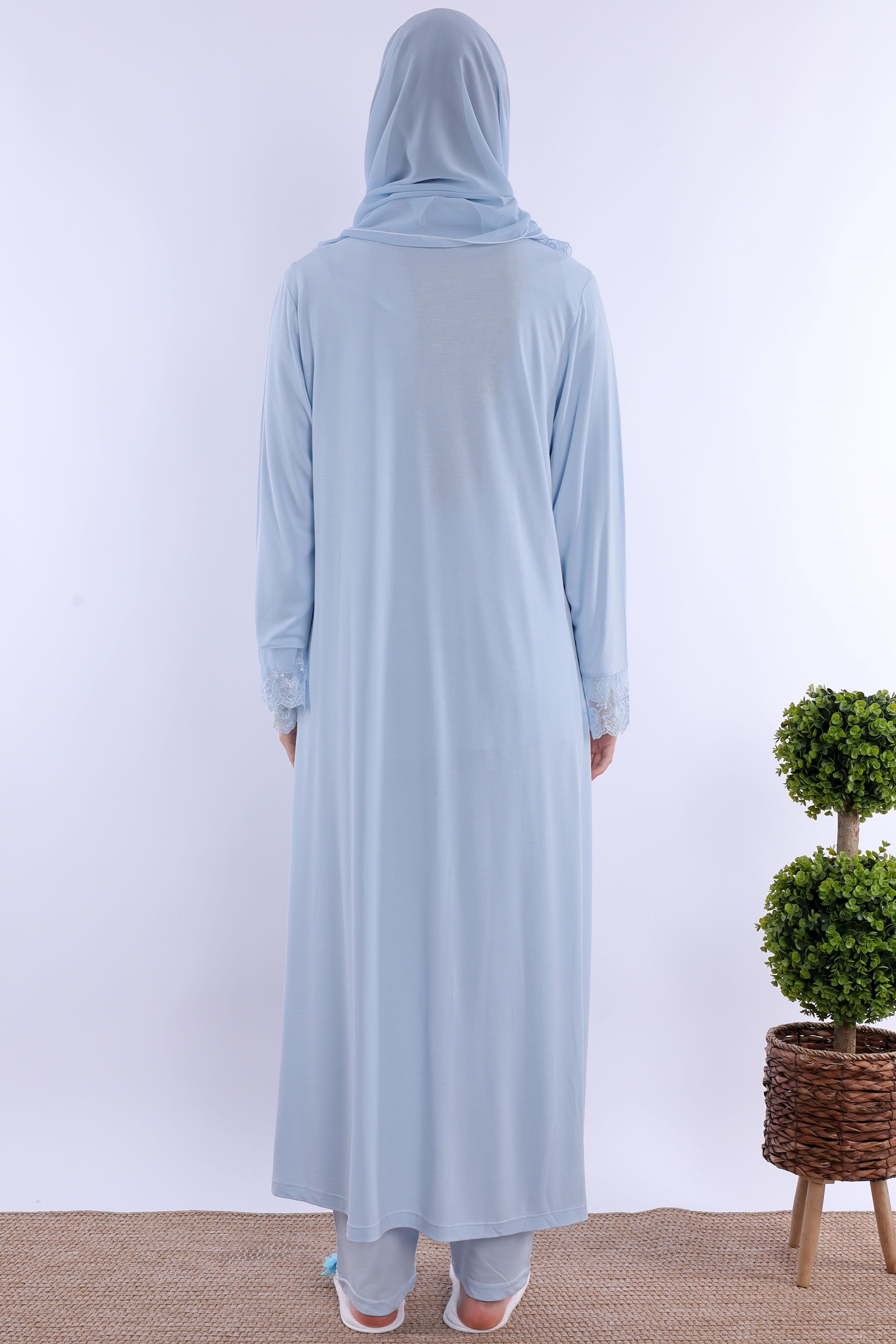 2T30472 Mavi Tesettürlü Uzun Sabahlıklı Hamile Lohusa Pijama Takımı