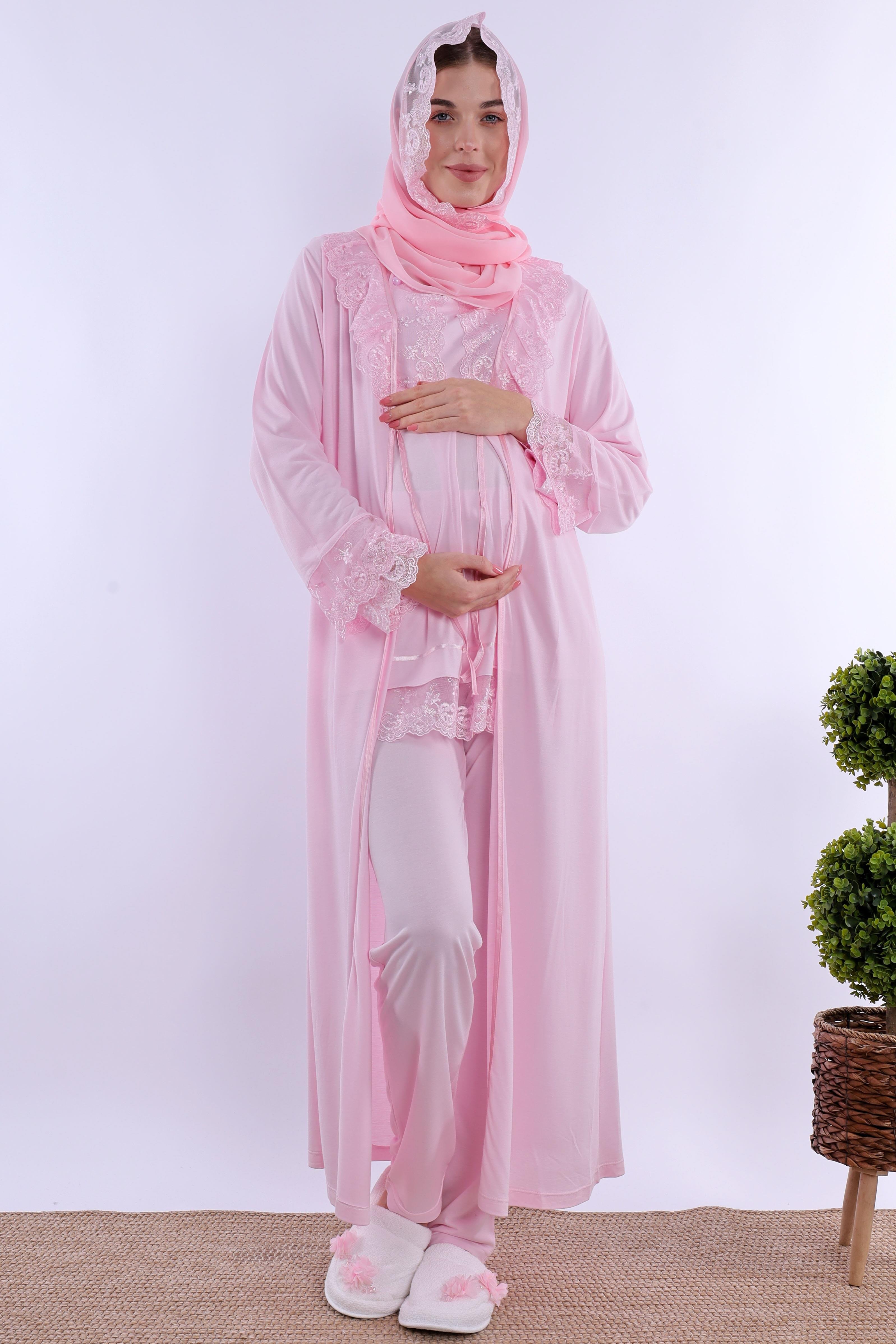 2T30472 Pembe Tesettürlü Uzun Sabahlıklı Hamile Lohusa Pijama Takımı