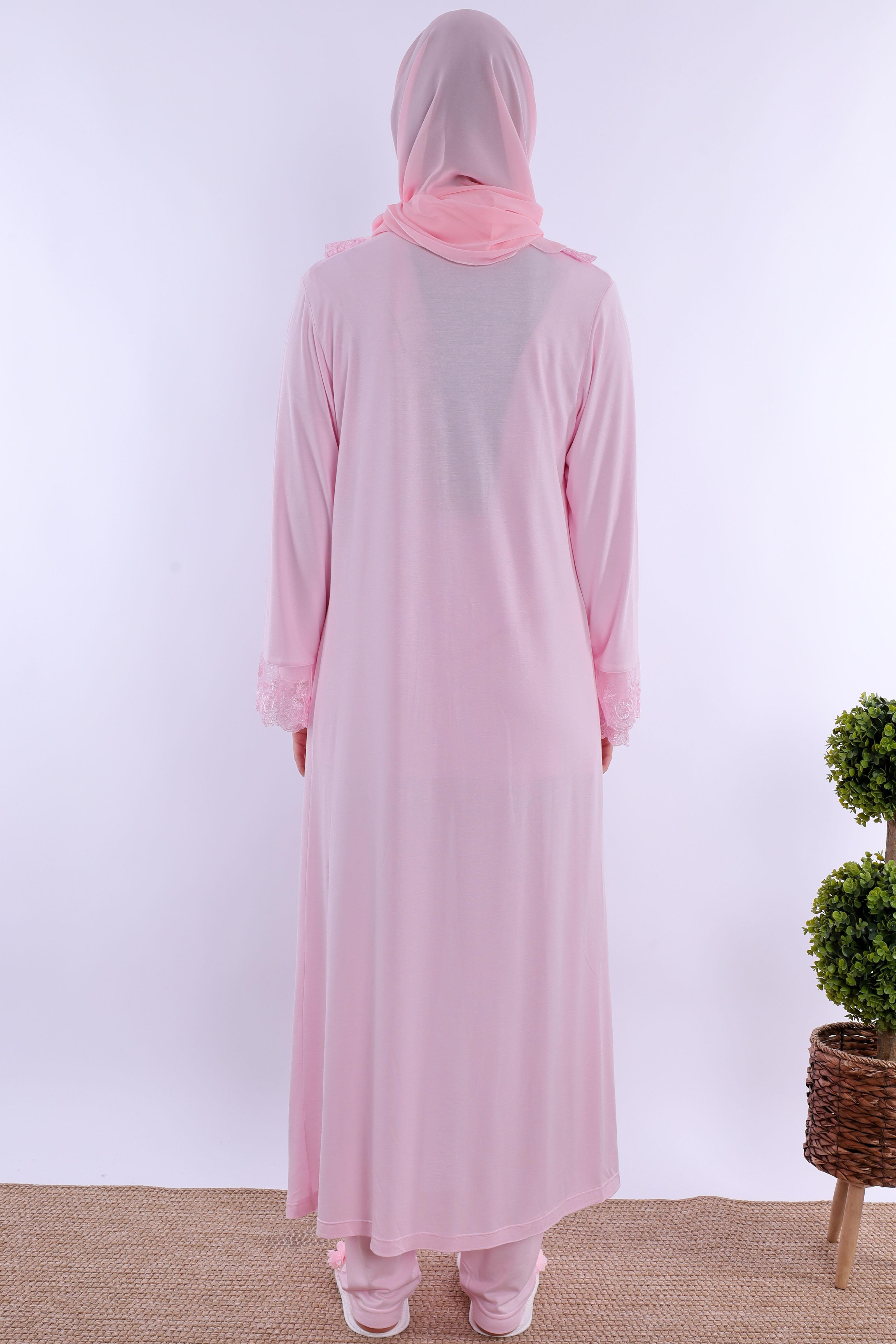 2T30472 Pembe Tesettürlü Uzun Sabahlıklı Hamile Lohusa Pijama Takımı