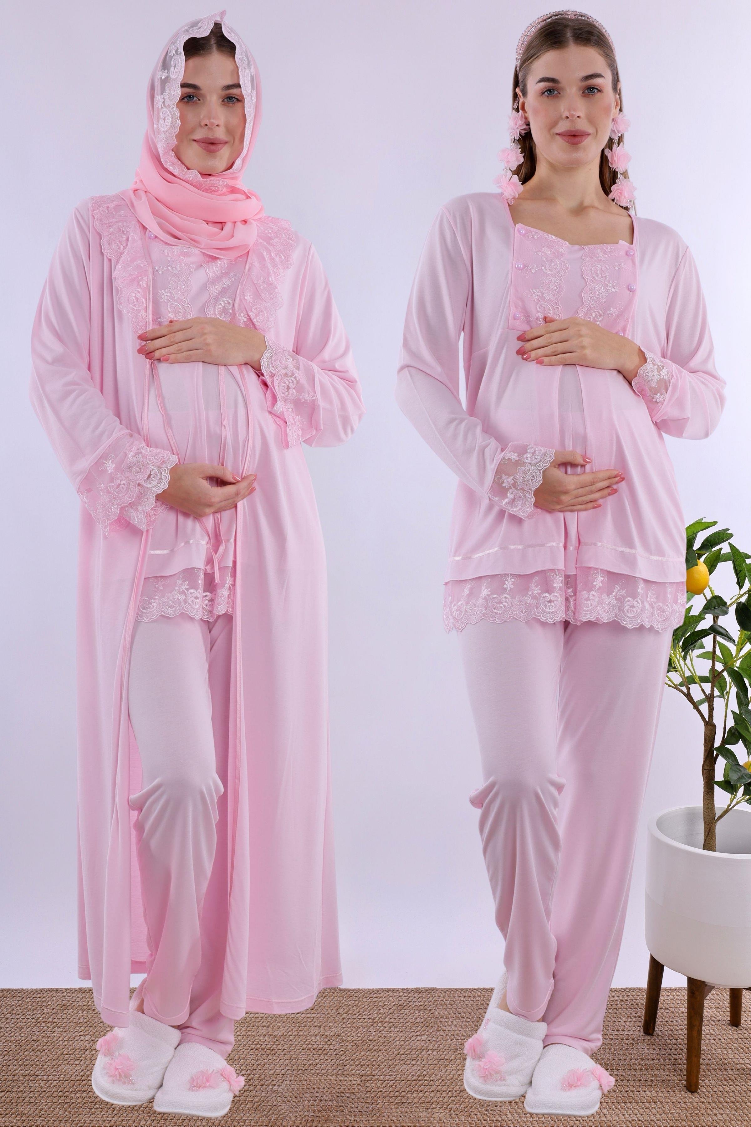 2T30472 Pembe Tesettürlü Uzun Sabahlıklı Hamile Lohusa Pijama Takımı