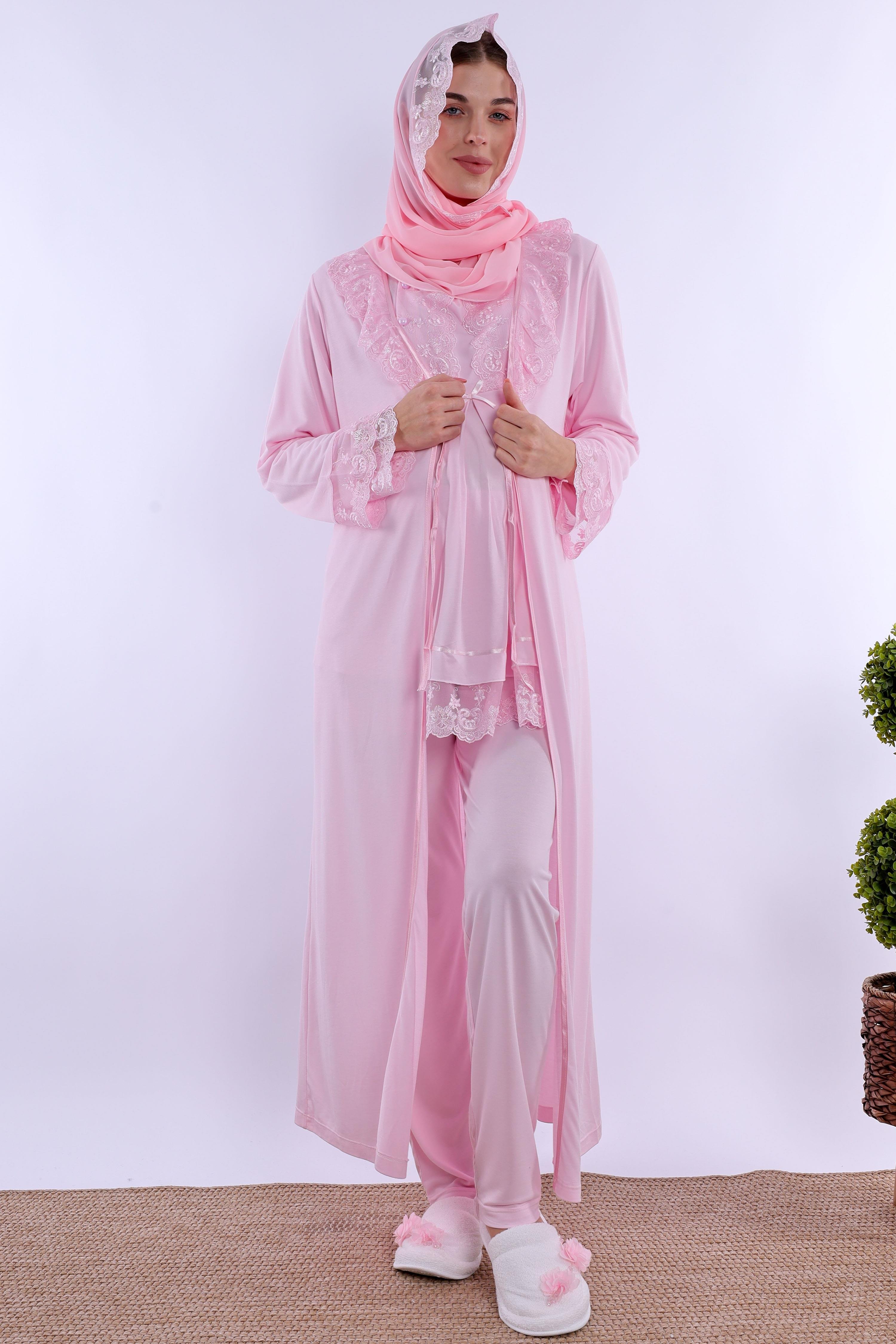2T30472 Pembe Tesettürlü Uzun Sabahlıklı Hamile Lohusa Pijama Takımı