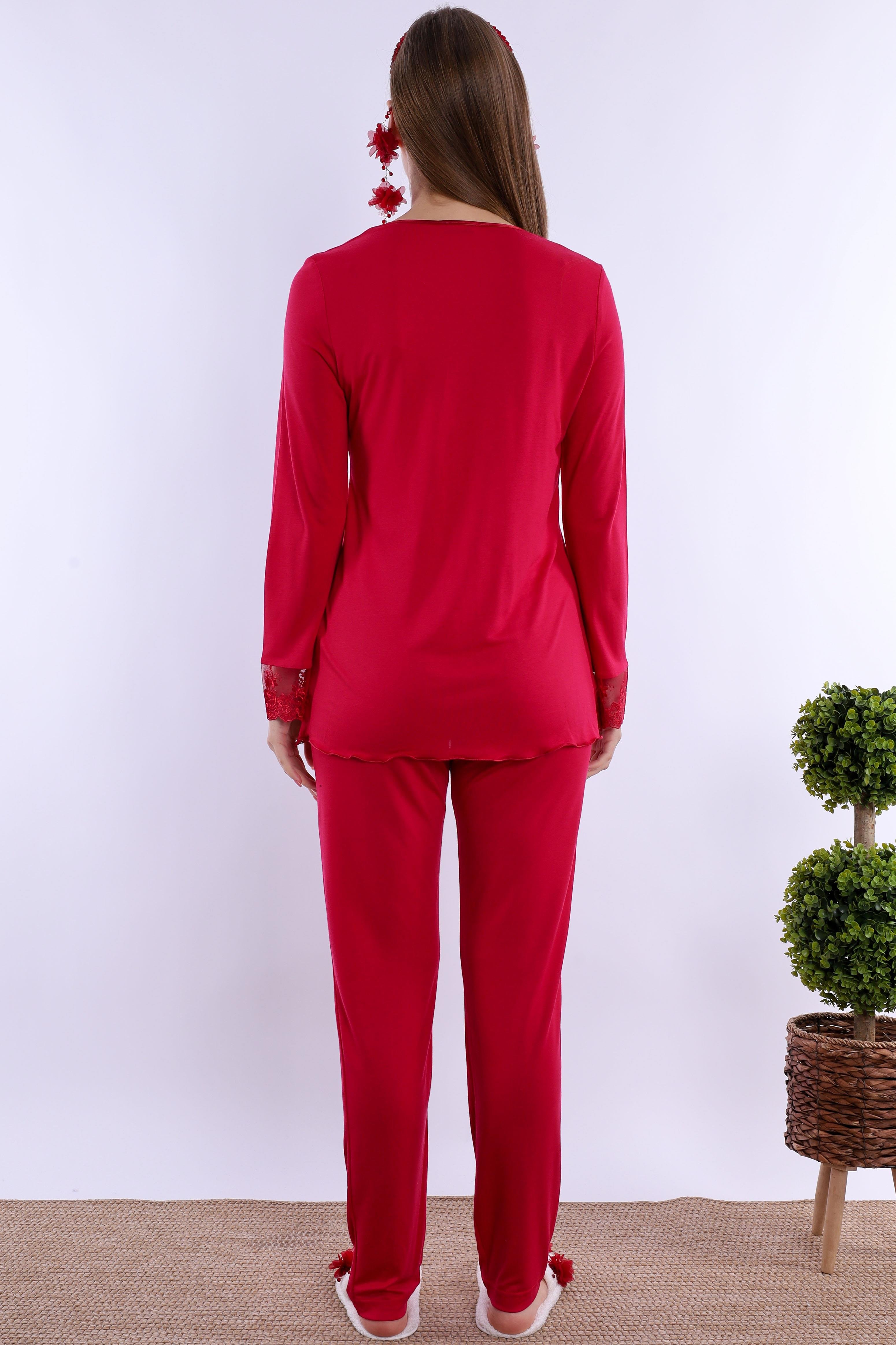 2T30472 Vişne Tesettürlü Uzun Sabahlıklı Hamile Lohusa Pijama Takımı