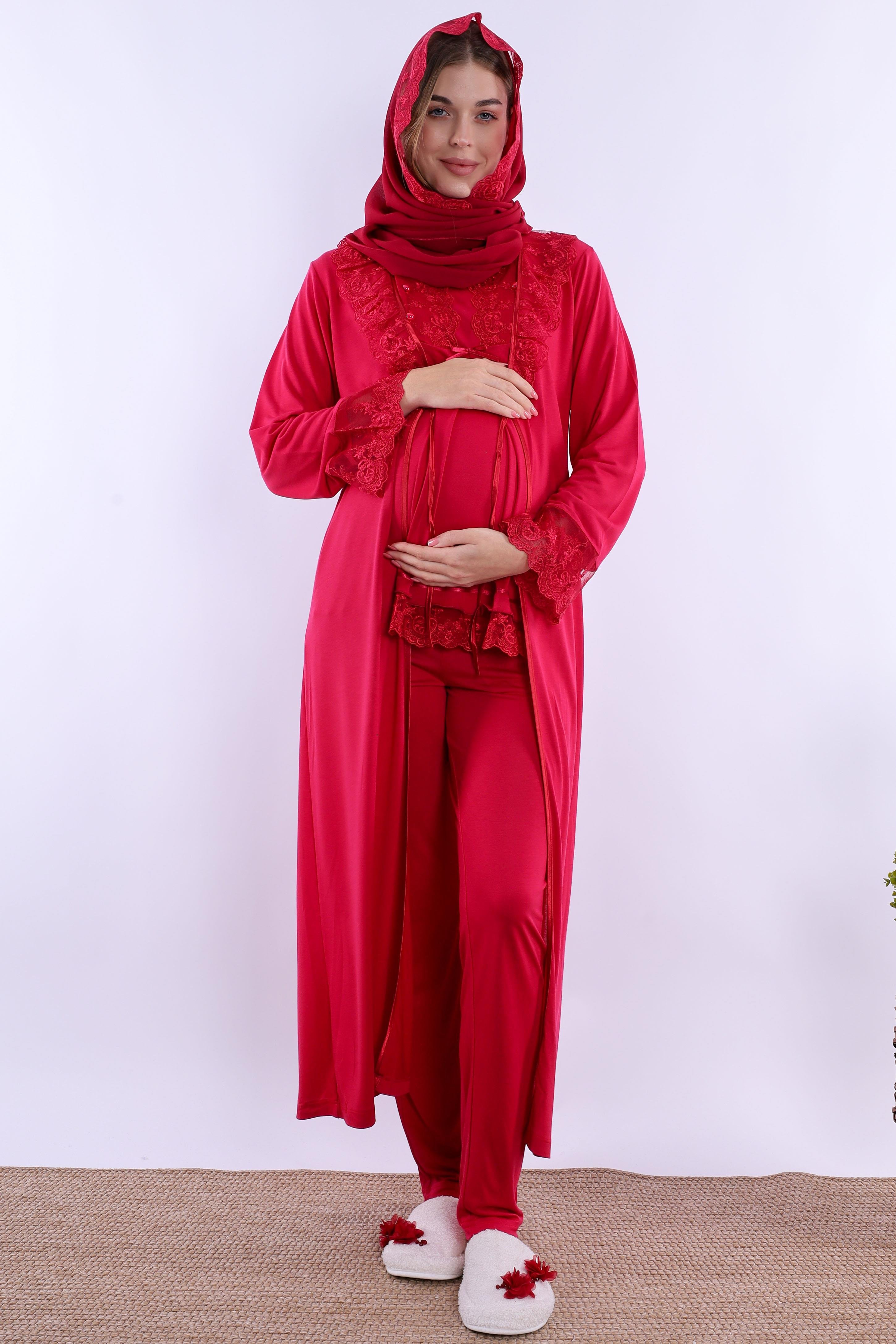 2T30472 Vişne Tesettürlü Uzun Sabahlıklı Hamile Lohusa Pijama Takımı
