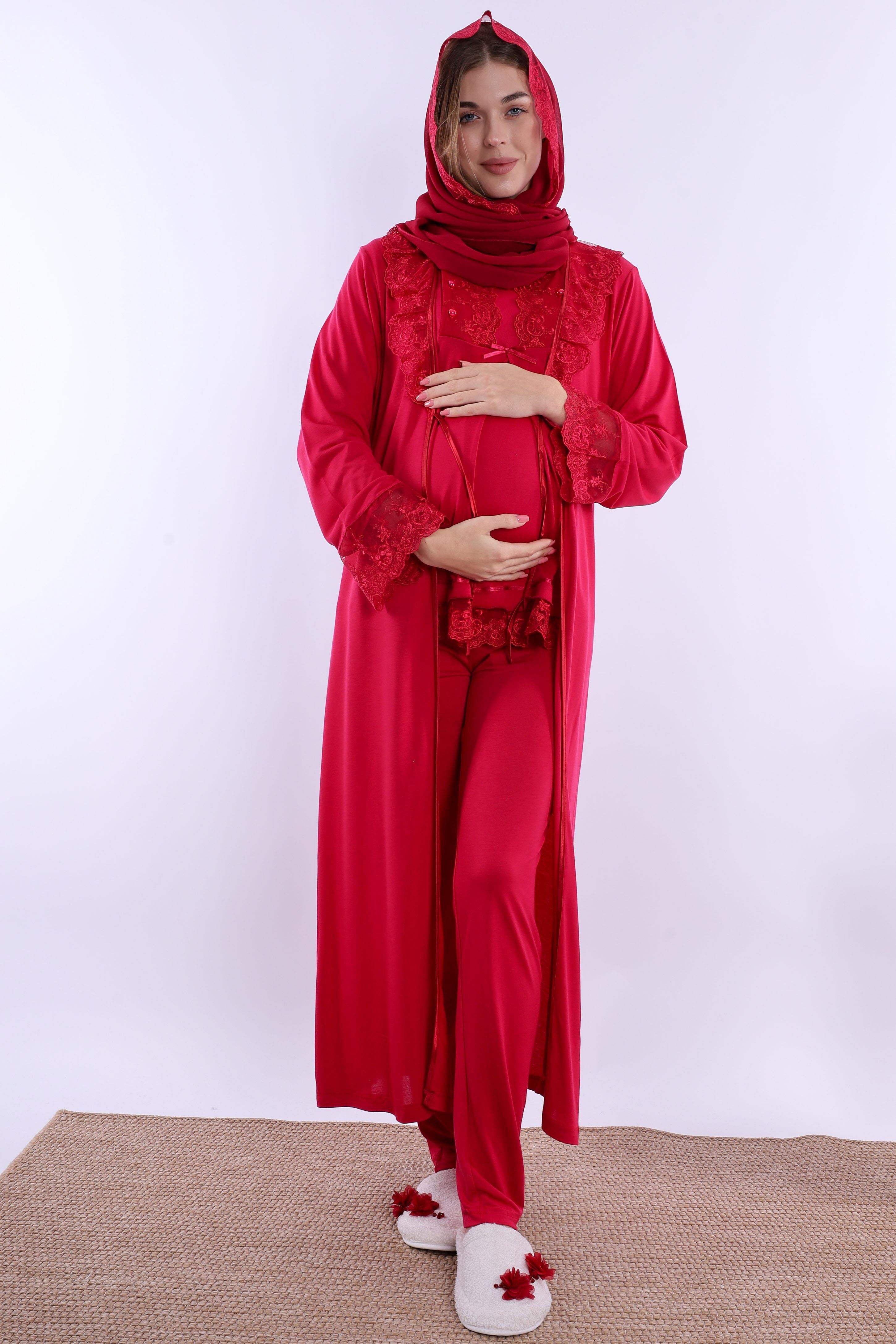 2T30472 Vişne Tesettürlü Uzun Sabahlıklı Hamile Lohusa Pijama Takımı