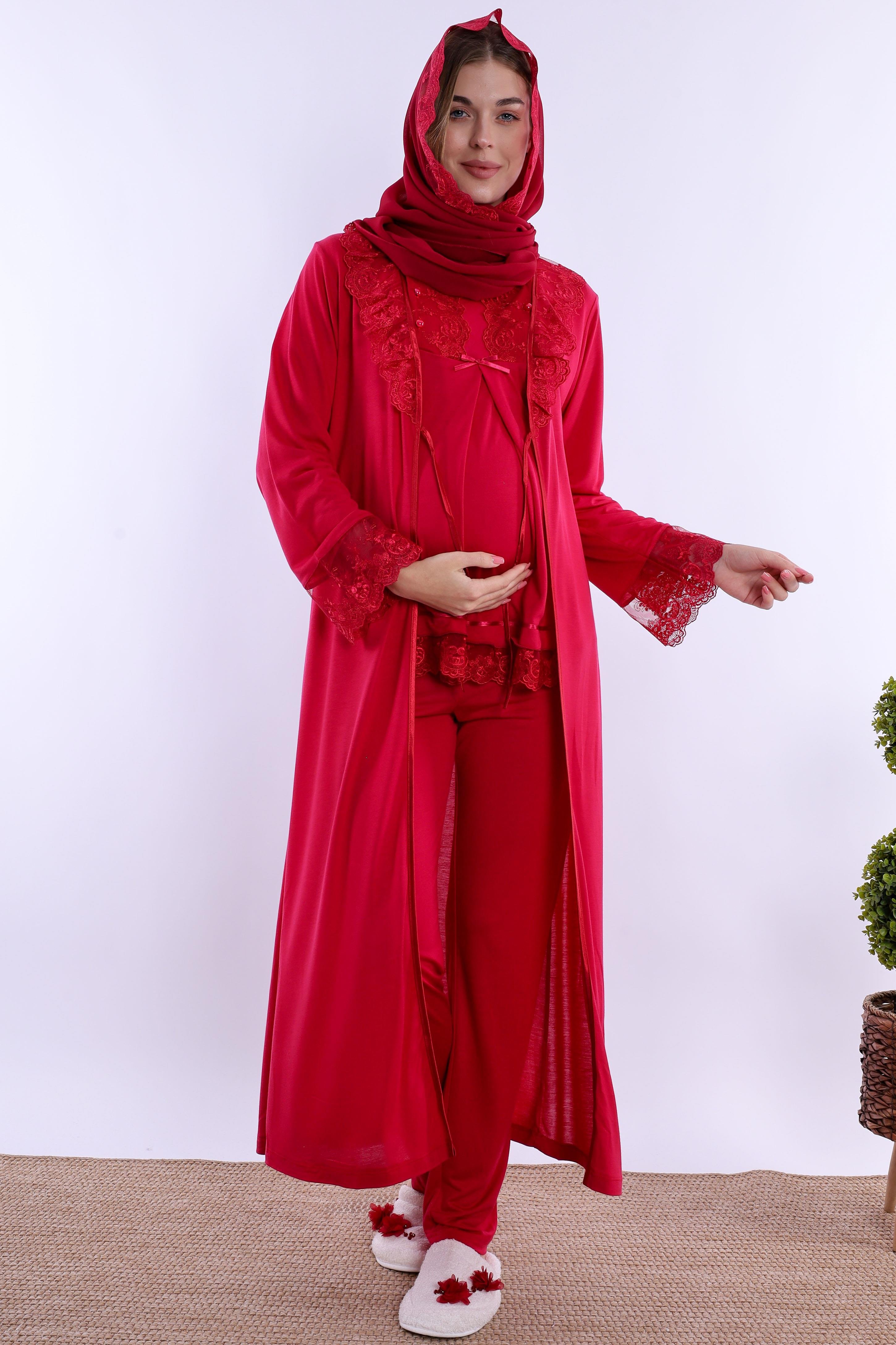 2T30472 Vişne Tesettürlü Uzun Sabahlıklı Hamile Lohusa Pijama Takımı