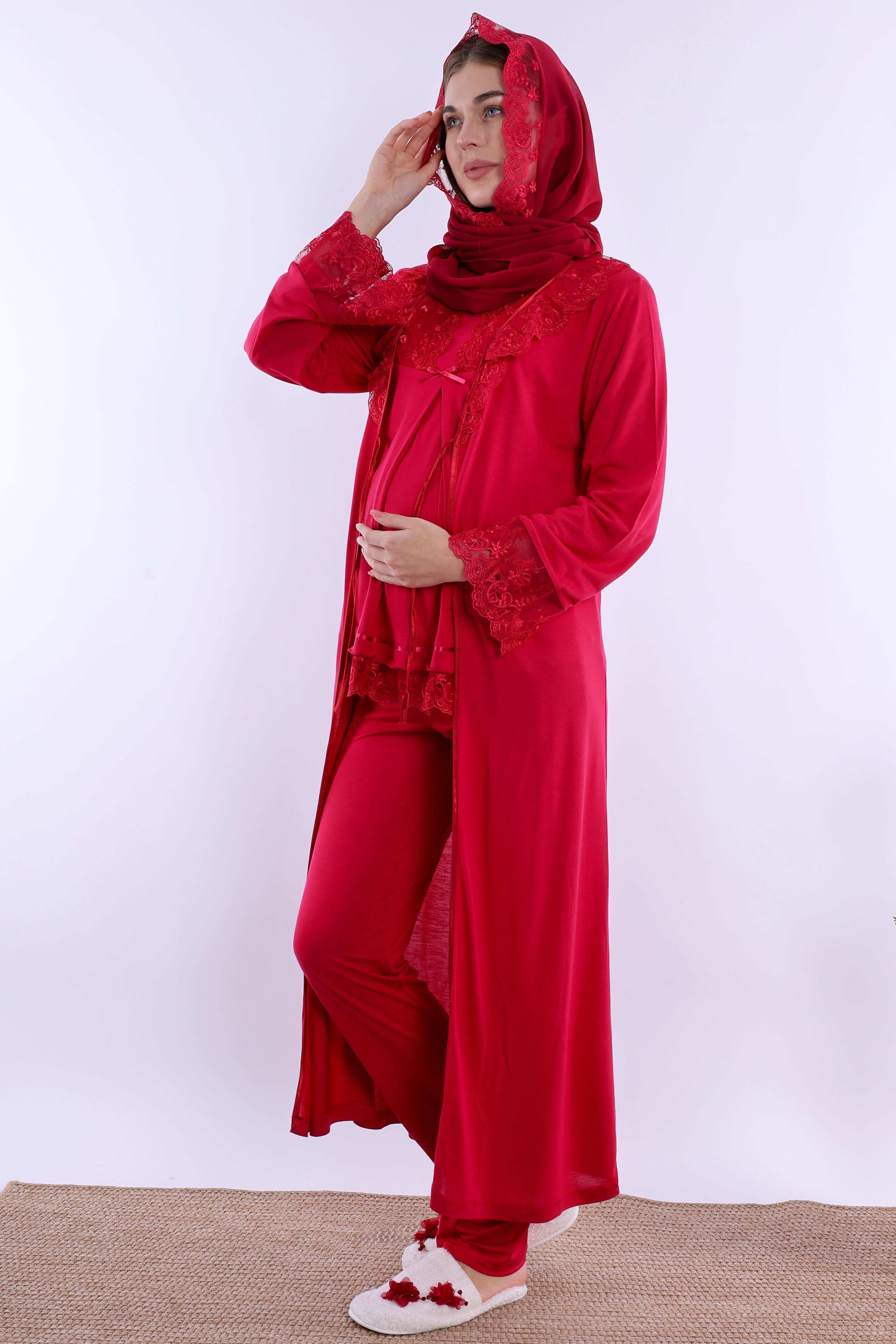 2T30472 Vişne Tesettürlü Uzun Sabahlıklı Hamile Lohusa Pijama Takımı