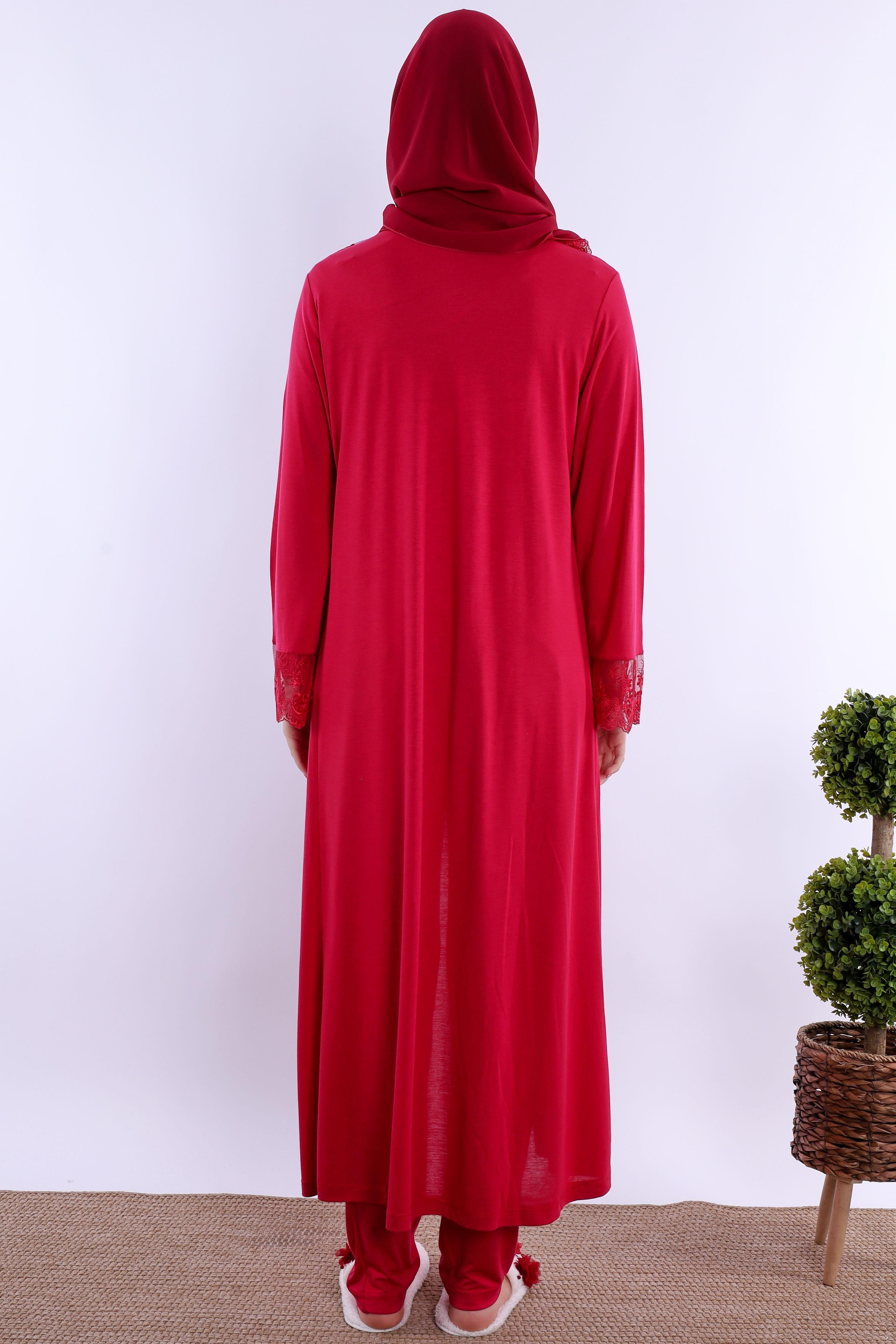 2T30472 Vişne Tesettürlü Uzun Sabahlıklı Hamile Lohusa Pijama Takımı