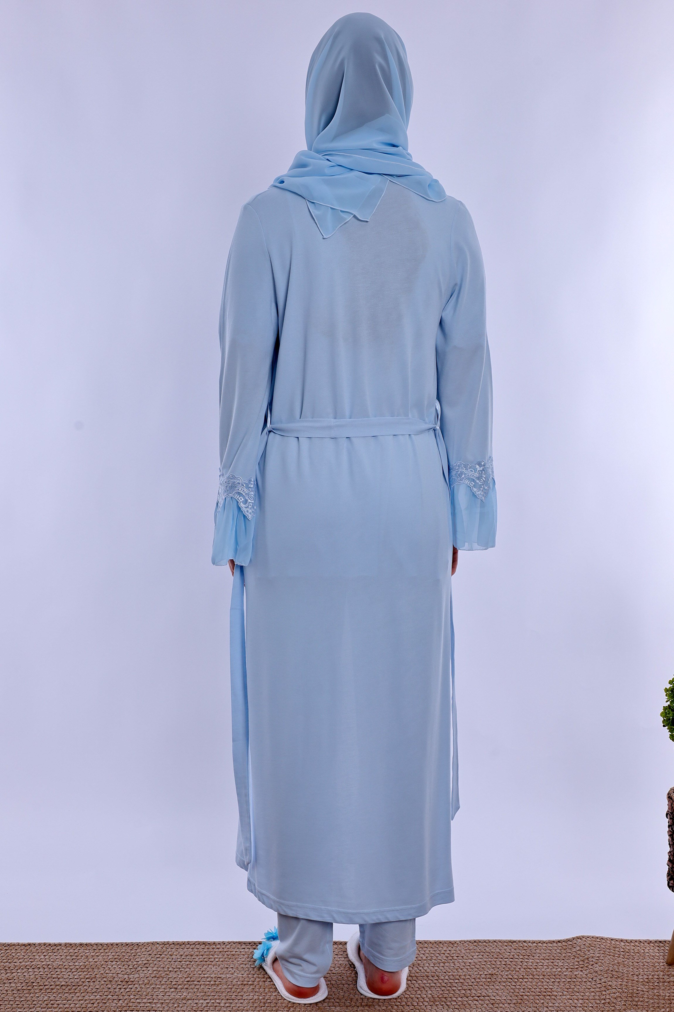 2T50342 Tesettürlü Pamuklu Uzun Sabahlıklı Hamile Lohusa Emzirme Pijama Takımı  - Mavi
