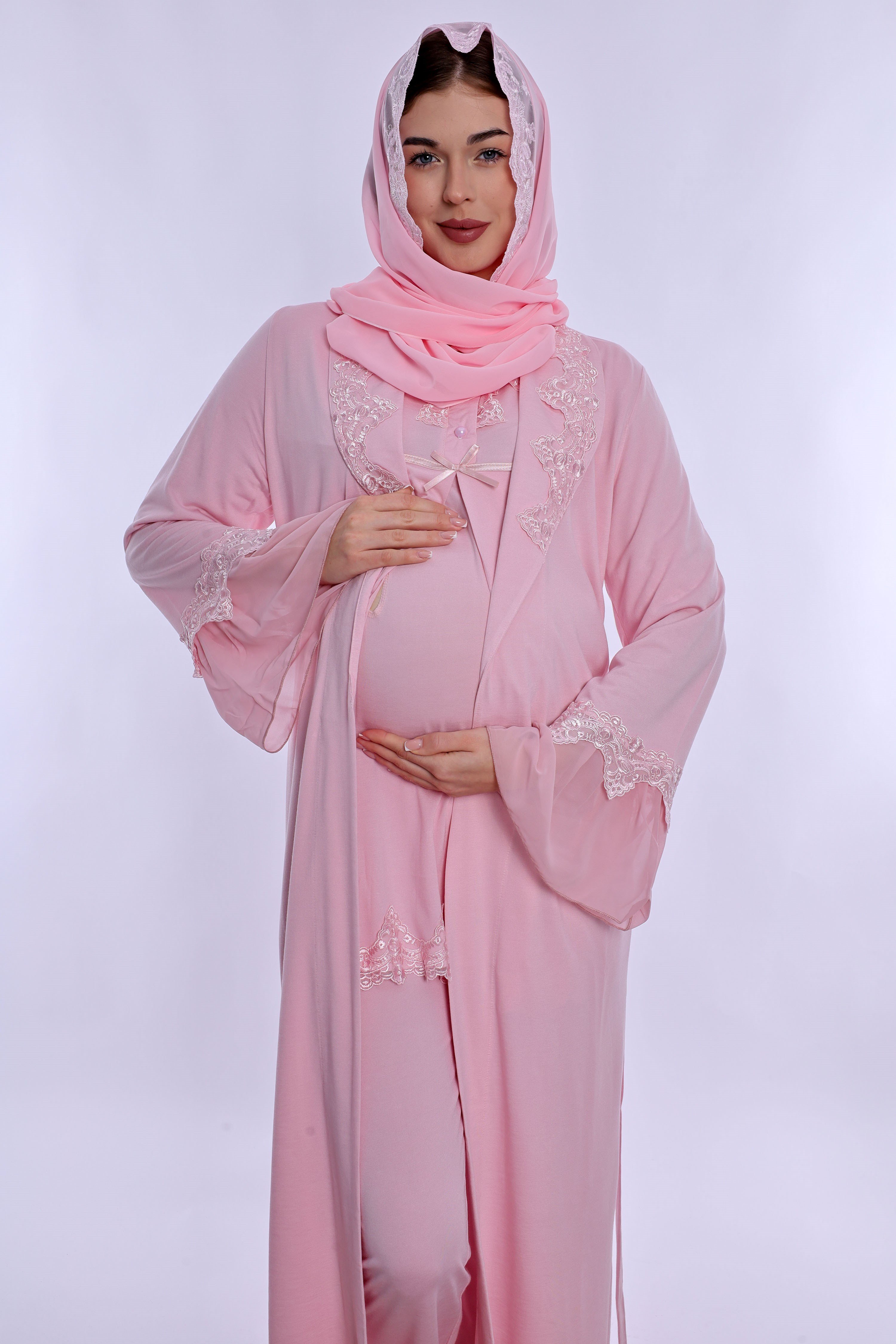 2T50342 Tesettürlü Pamuklu Uzun Sabahlıklı Hamile Lohusa Emzirme Pijama Takımı  - Pembe