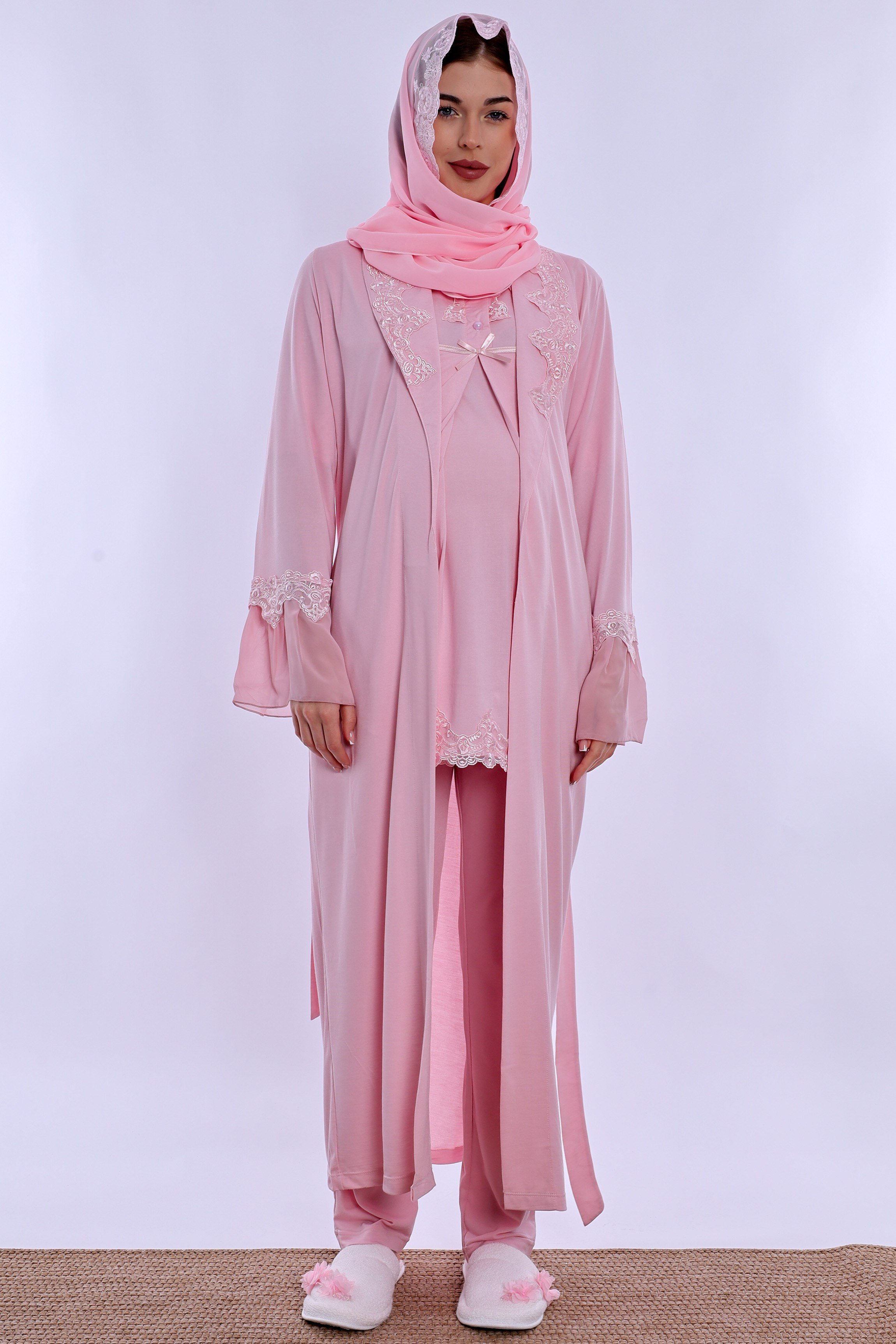 2T50342 Tesettürlü Pamuklu Uzun Sabahlıklı Hamile Lohusa Emzirme Pijama Takımı  - Pembe