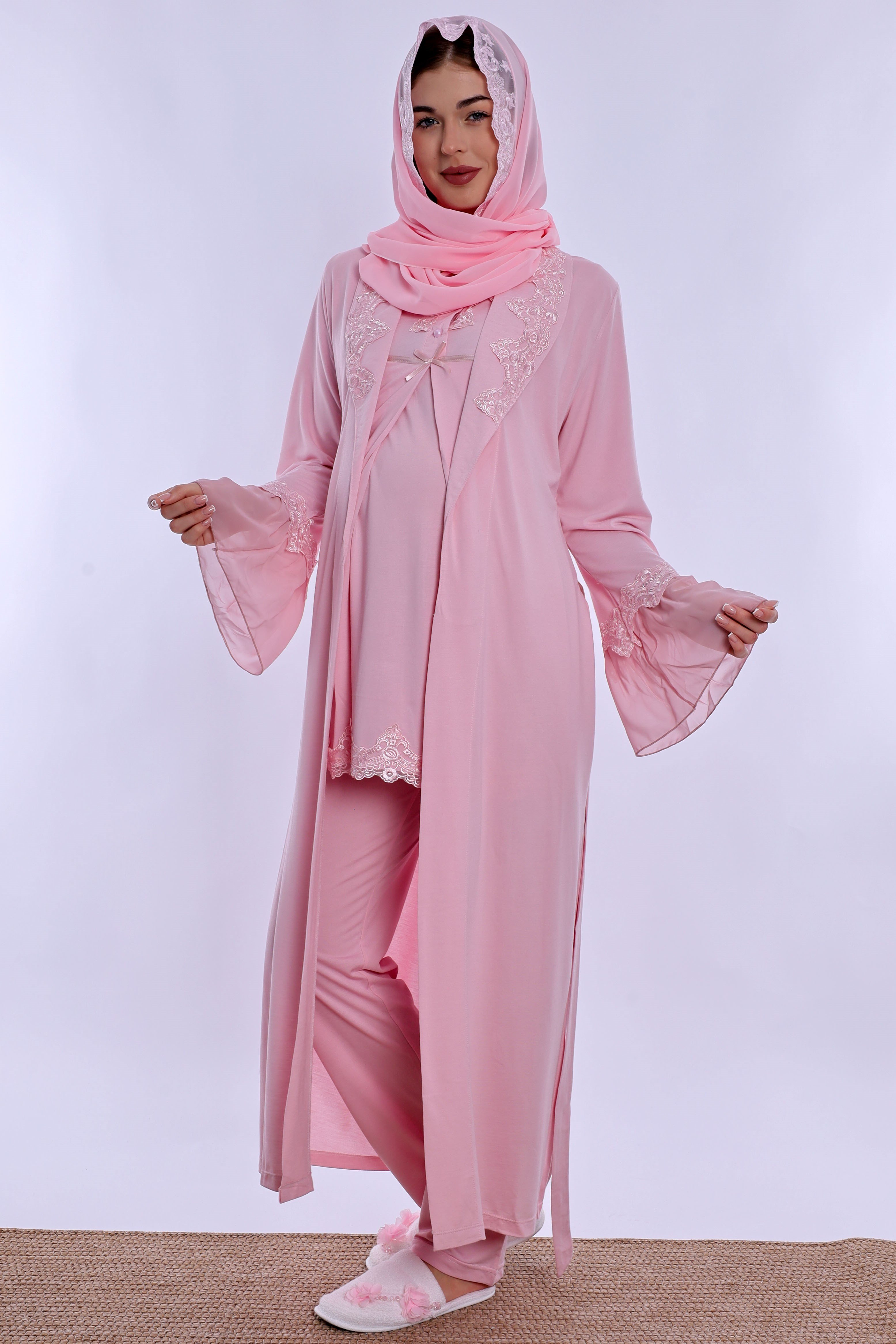 2T50342 Tesettürlü Pamuklu Uzun Sabahlıklı Hamile Lohusa Emzirme Pijama Takımı  - Pembe