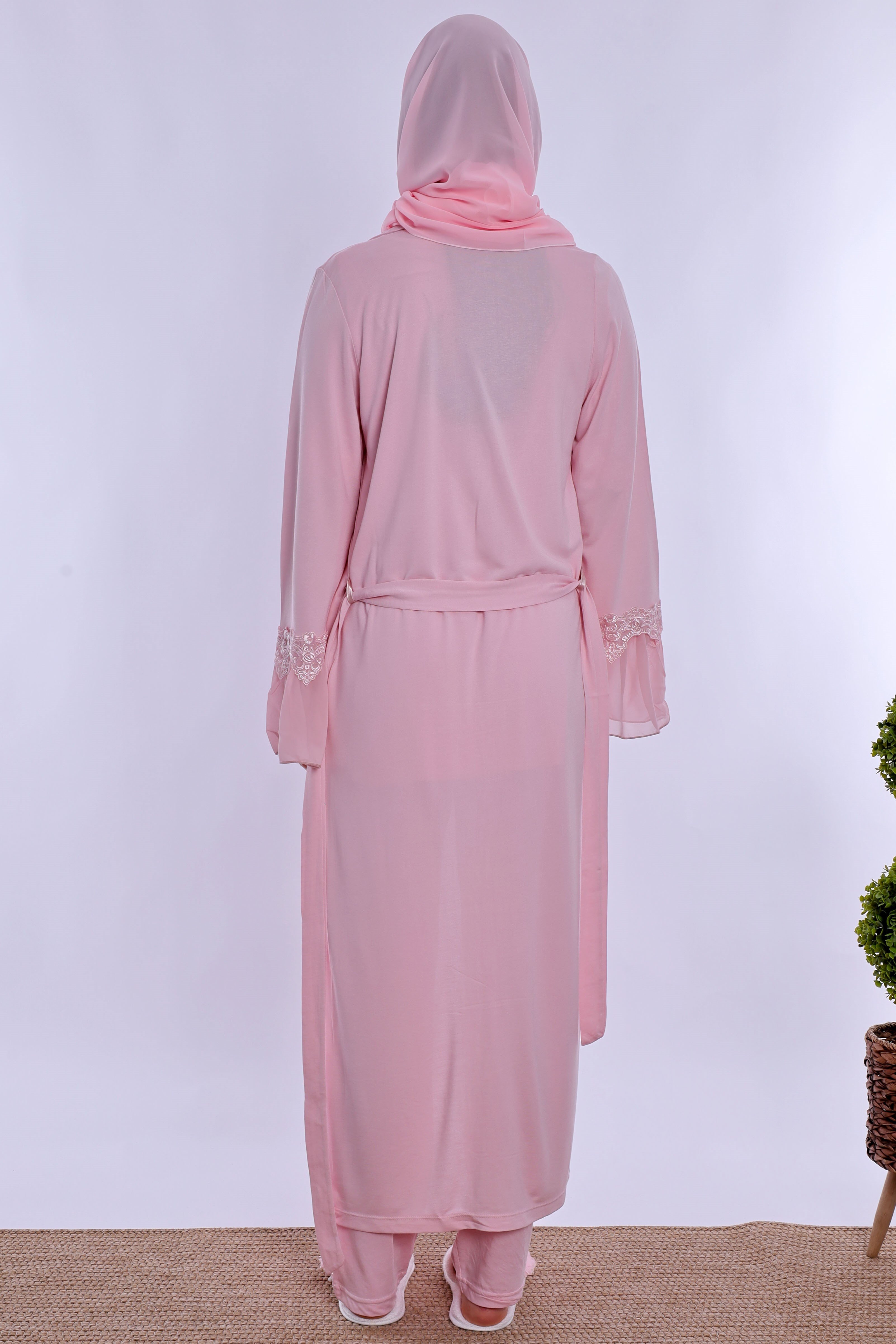 2T50342 Tesettürlü Pamuklu Uzun Sabahlıklı Hamile Lohusa Emzirme Pijama Takımı  - Pembe