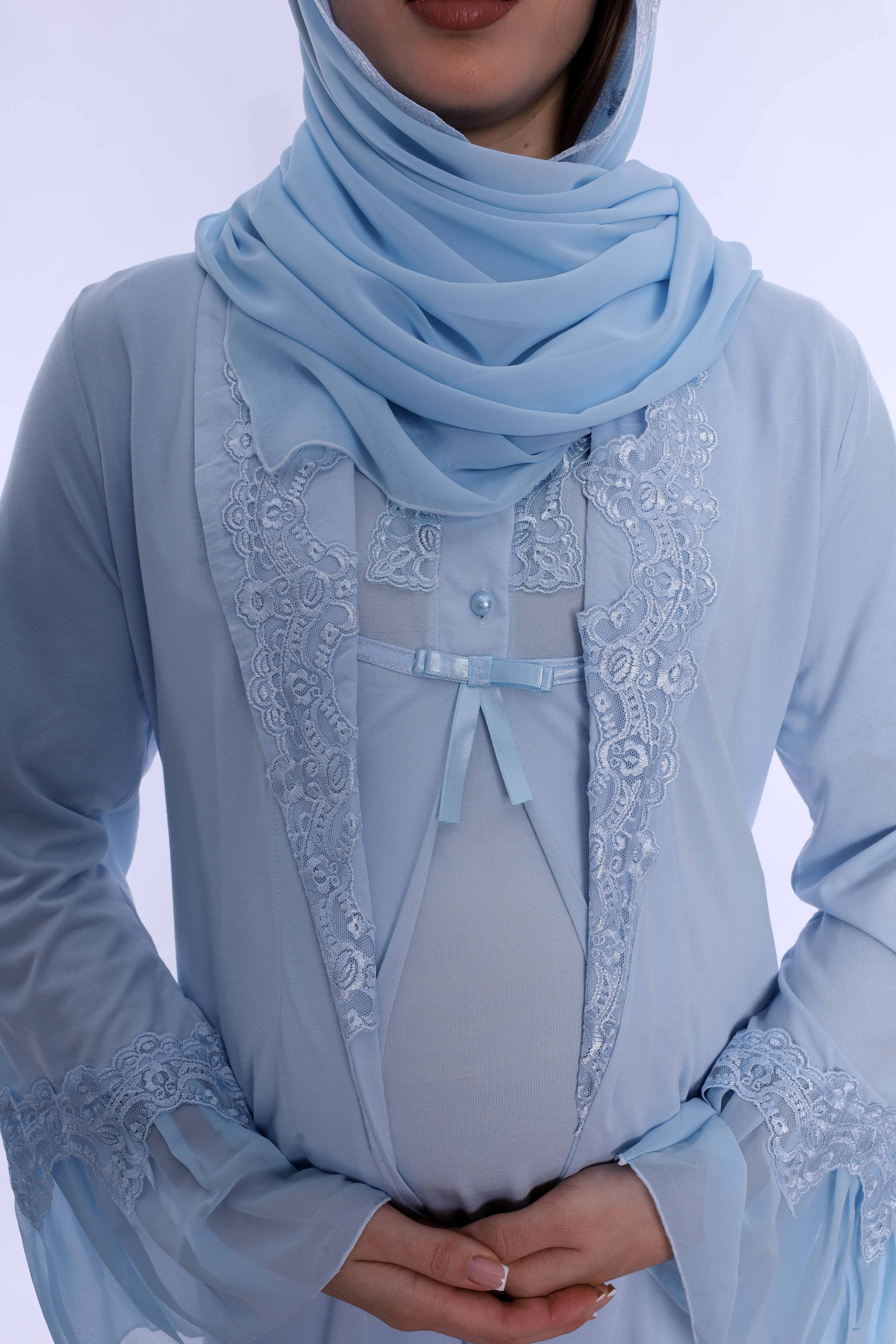 2T50342 Tesettürlü Pamuklu Uzun Sabahlıklı Hamile Lohusa Emzirme Pijama Takımı  - Mavi