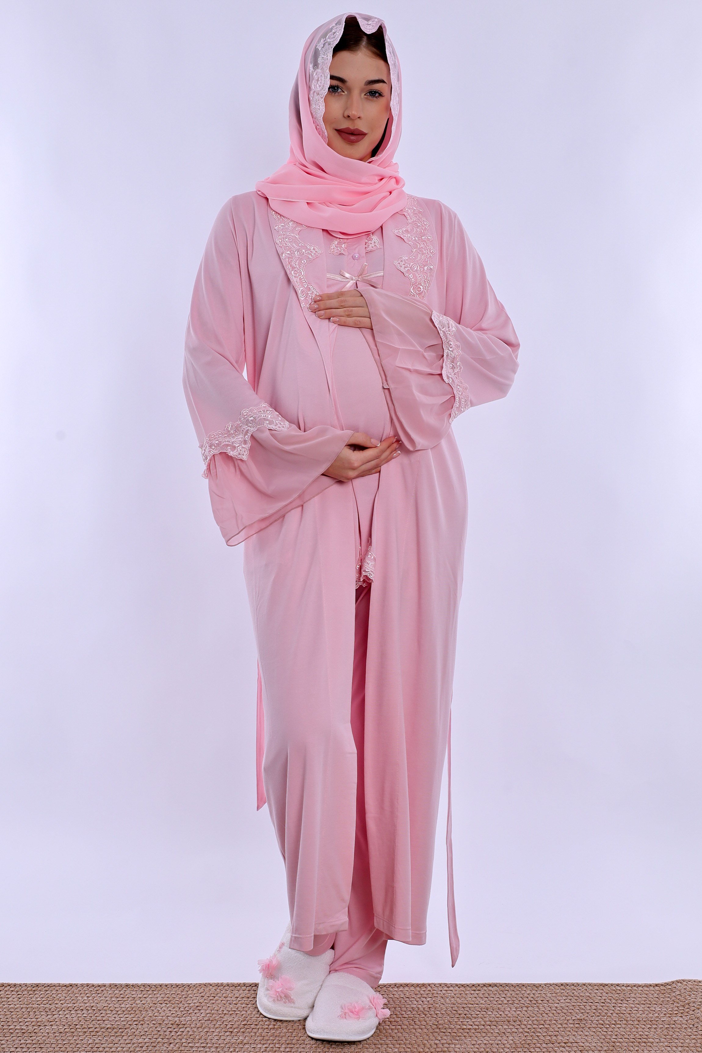 2T50342 Tesettürlü Pamuklu Uzun Sabahlıklı Hamile Lohusa Emzirme Pijama Takımı  - Pembe