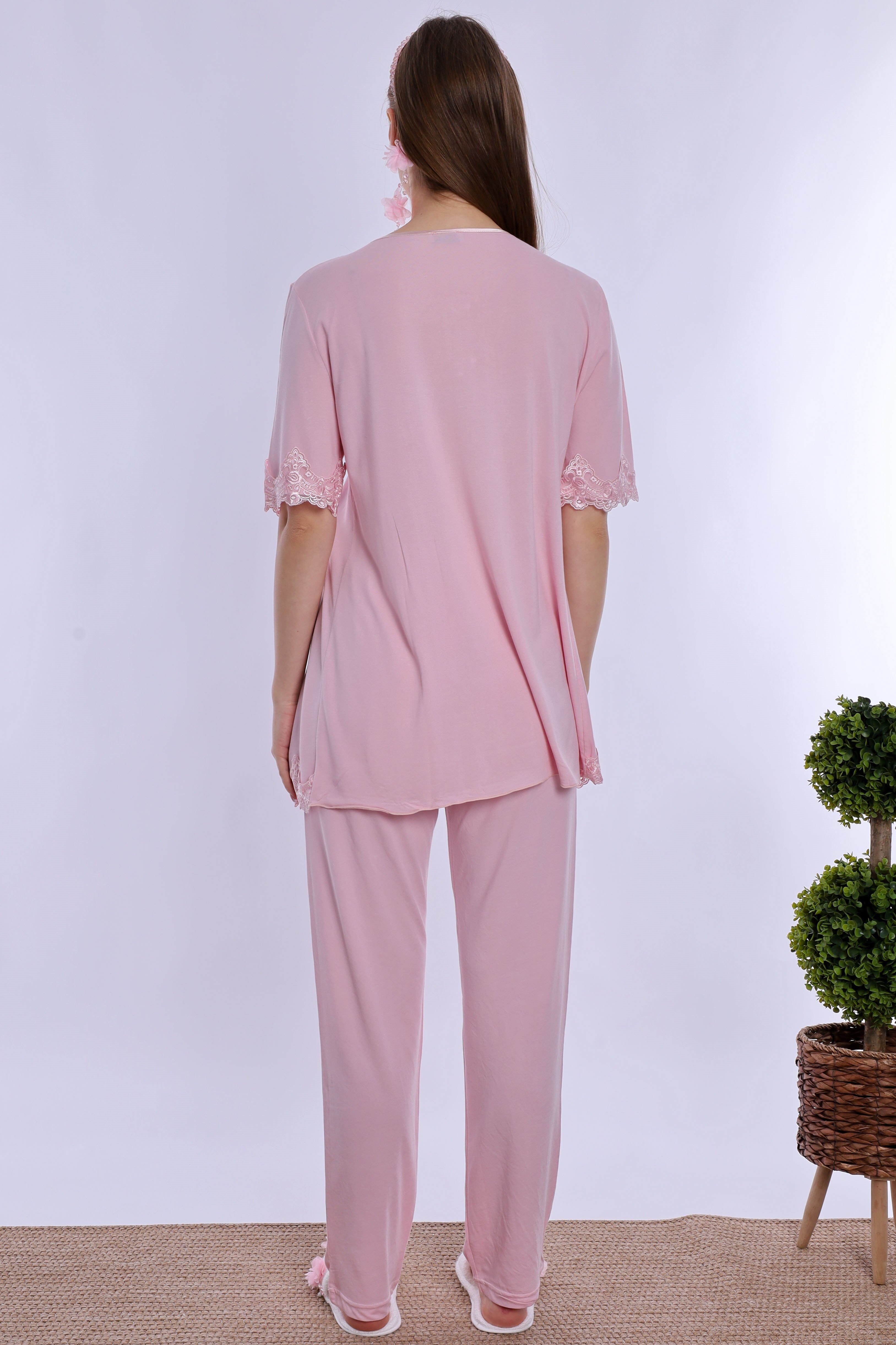 2T50342 Tesettürlü Pamuklu Uzun Sabahlıklı Hamile Lohusa Emzirme Pijama Takımı  - Pembe