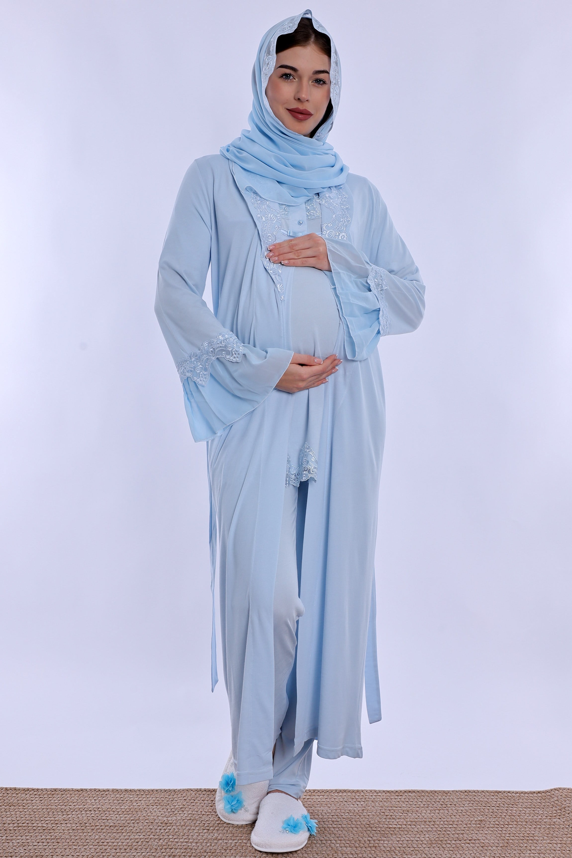 2T50342 Tesettürlü Pamuklu Uzun Sabahlıklı Hamile Lohusa Emzirme Pijama Takımı  - Mavi
