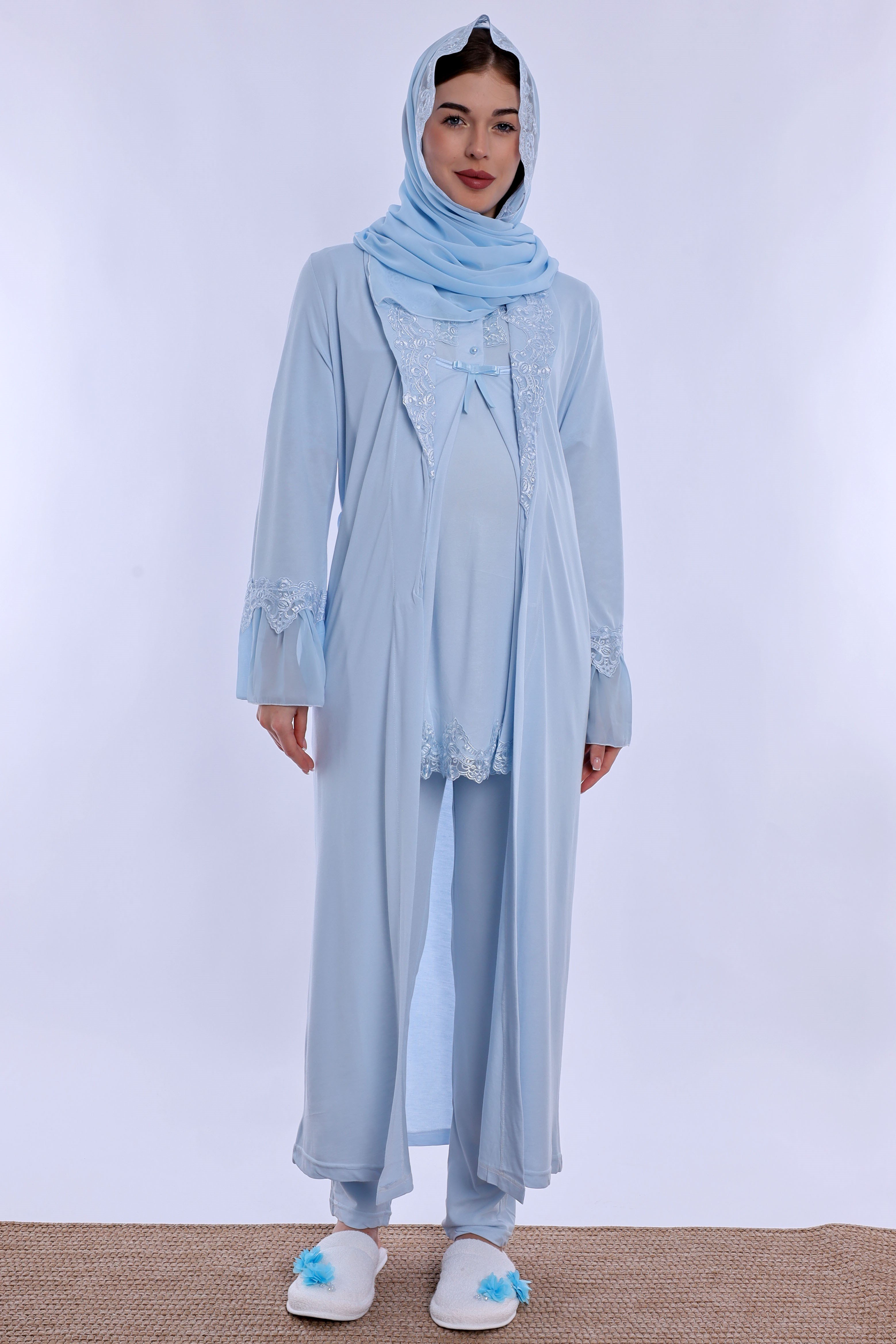 2T50342 Tesettürlü Pamuklu Uzun Sabahlıklı Hamile Lohusa Emzirme Pijama Takımı  - Mavi