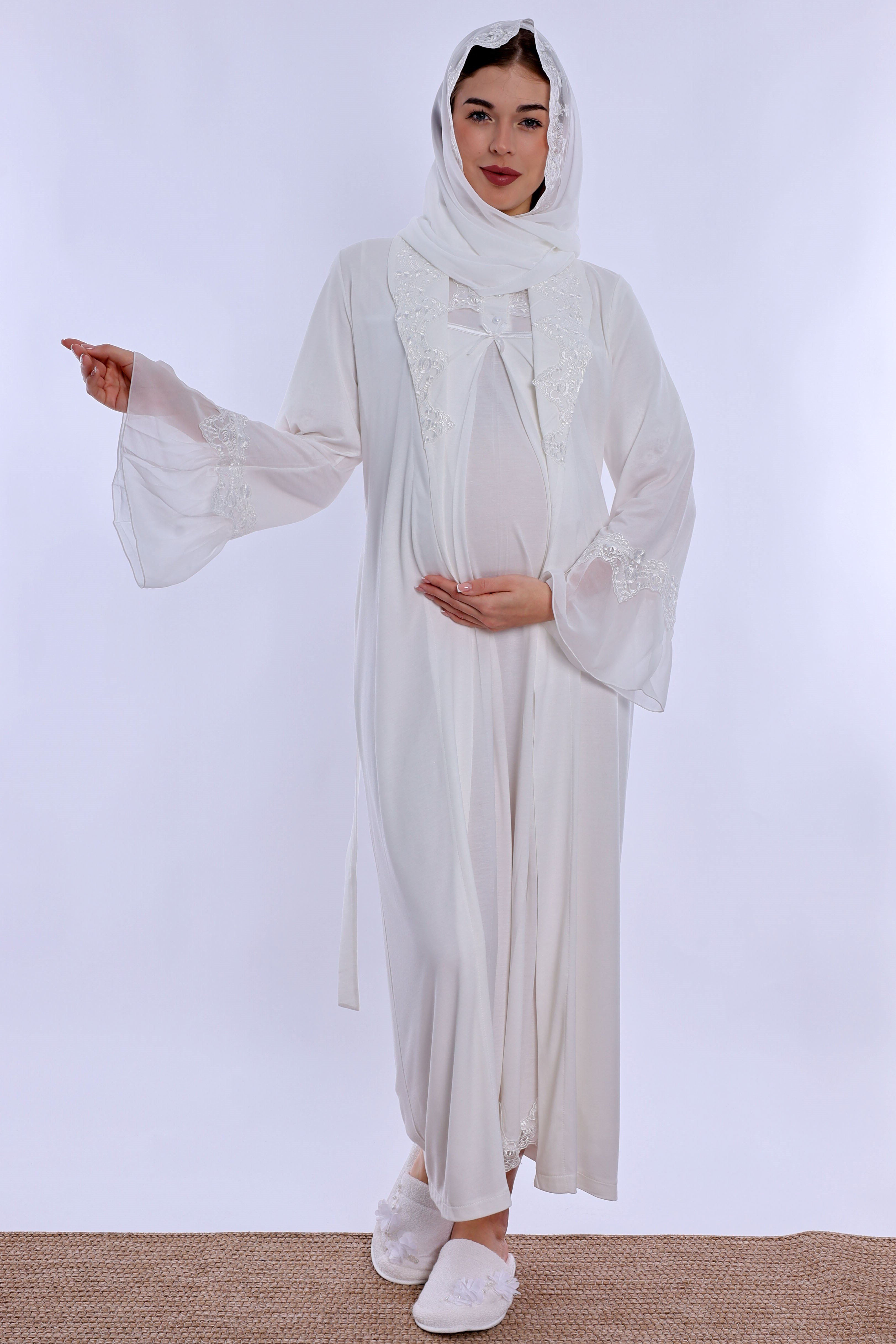 2T50352 Tesettürlü Emzirme Özellikli Sabahlıklı Lohusa Gecelik Takımı  - Ekru