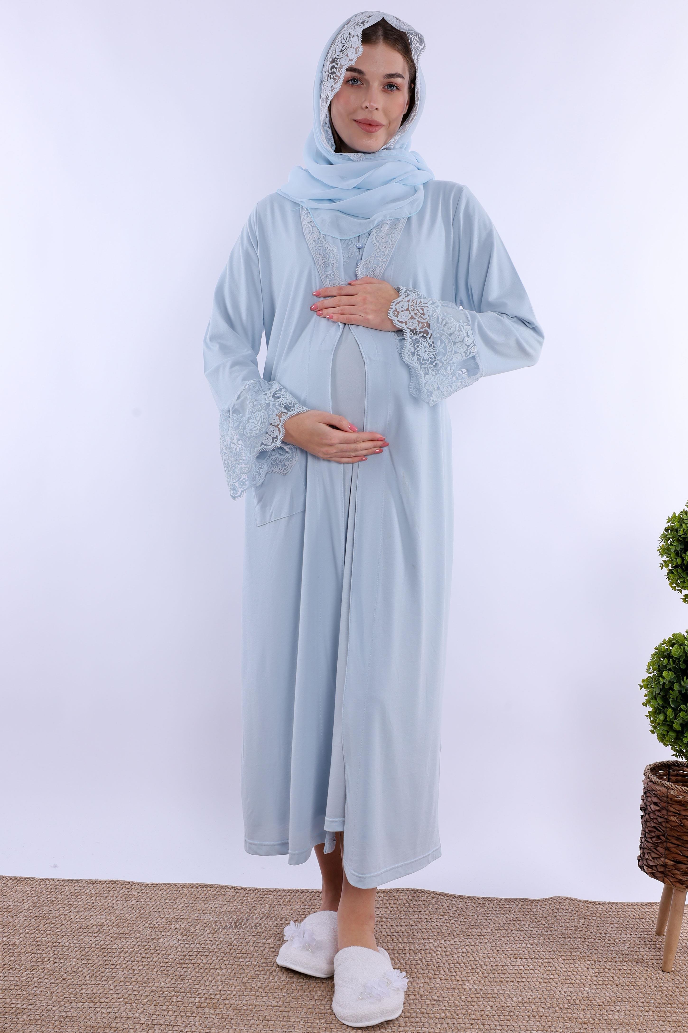 2T54172 Mavi Tesettürlü Sabahlıklı Hamile Lohusa Gecelik Takım