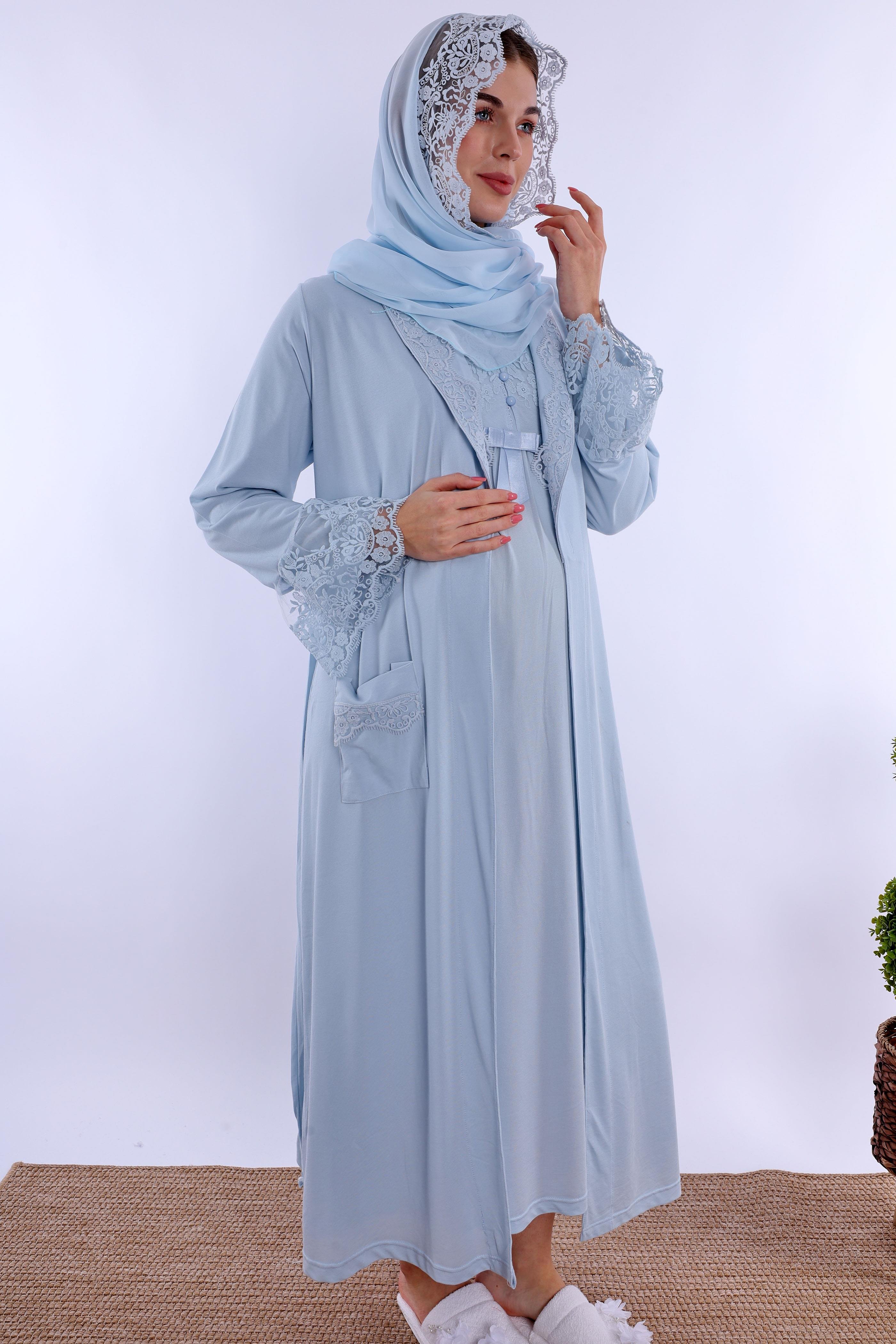 2T54172 Mavi Tesettürlü Sabahlıklı Hamile Lohusa Gecelik Takım