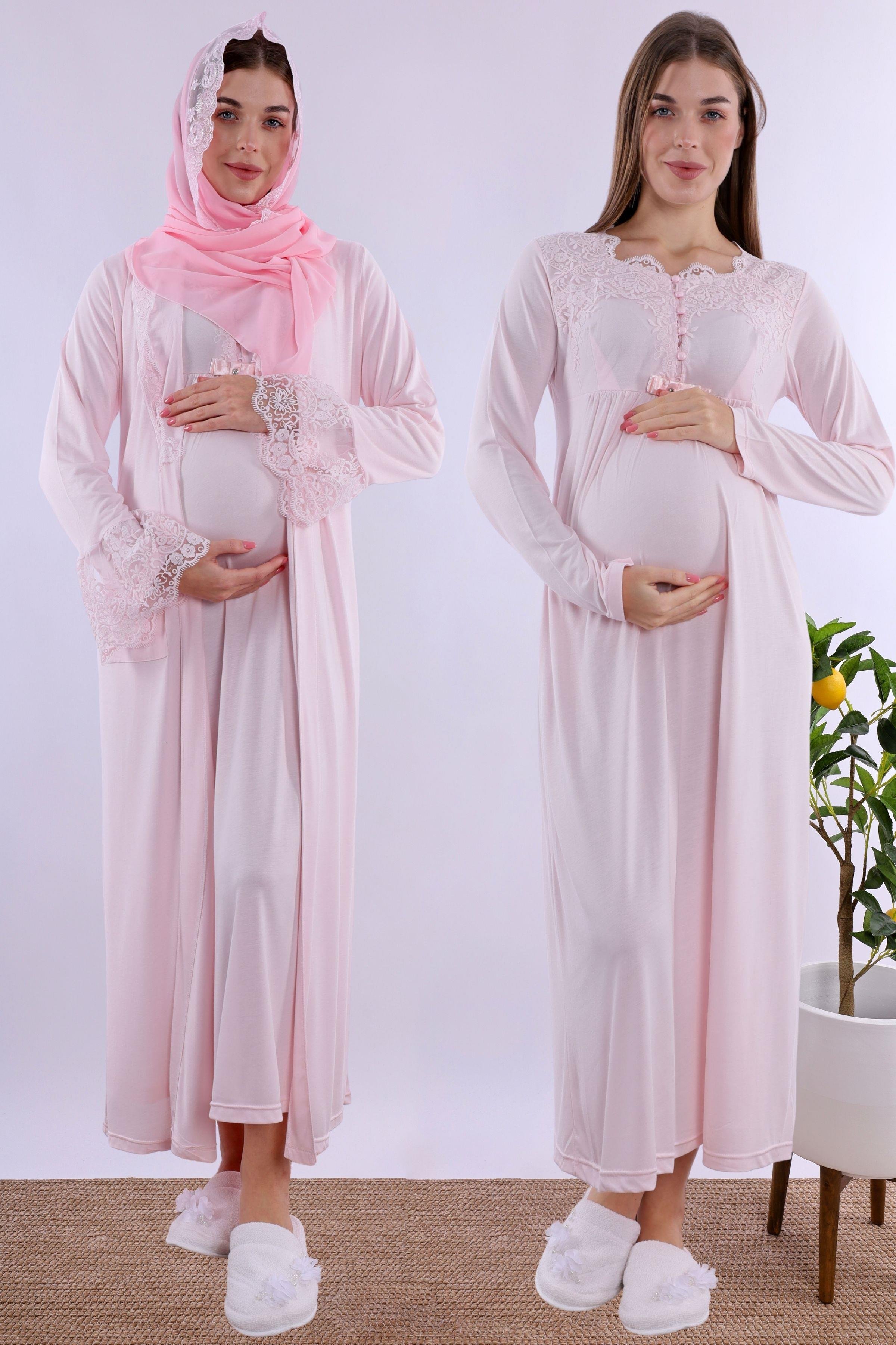 2T54172 Pembe Tesettürlü Sabahlıklı Hamile Lohusa Gecelik Takım