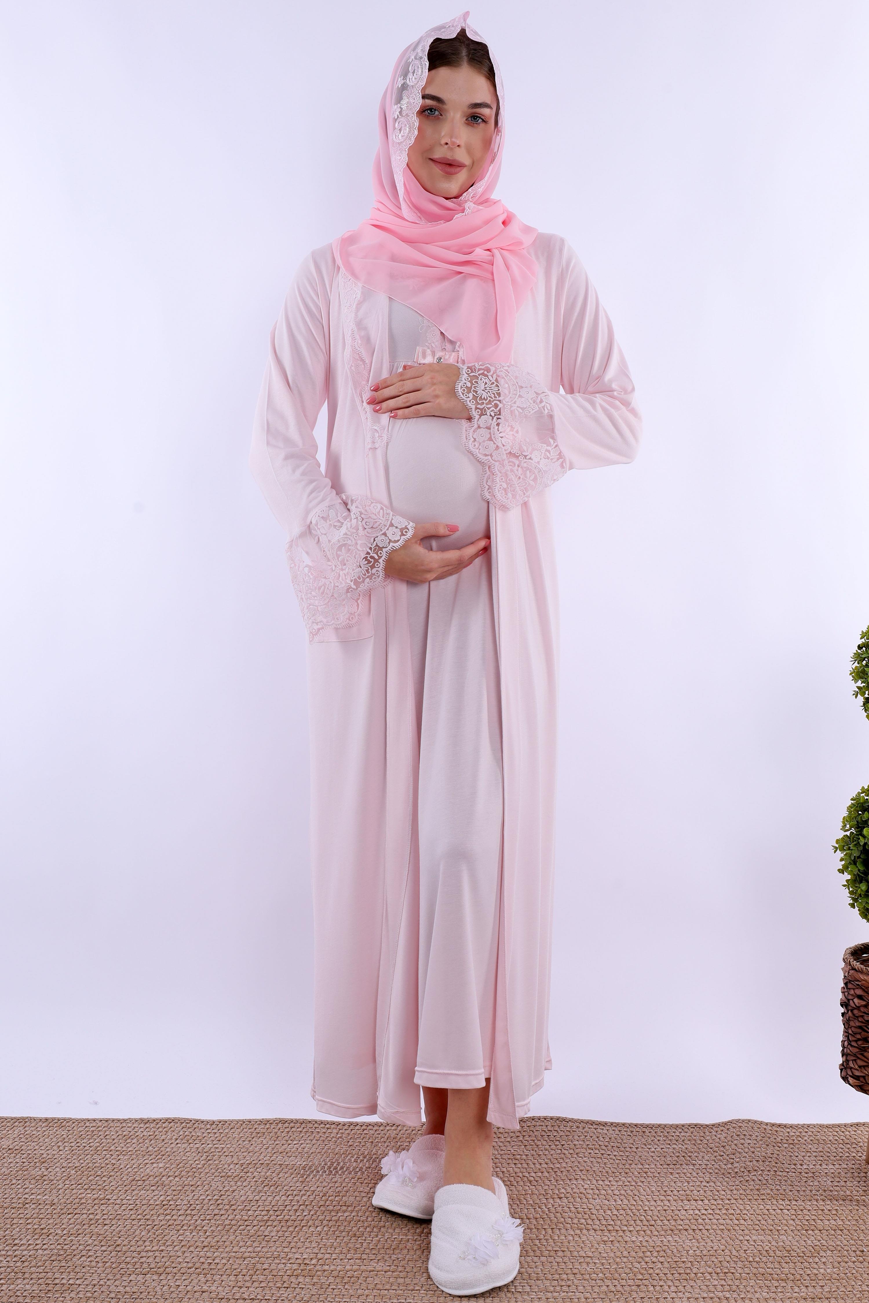 2T54172 Pembe Tesettürlü Sabahlıklı Hamile Lohusa Gecelik Takım