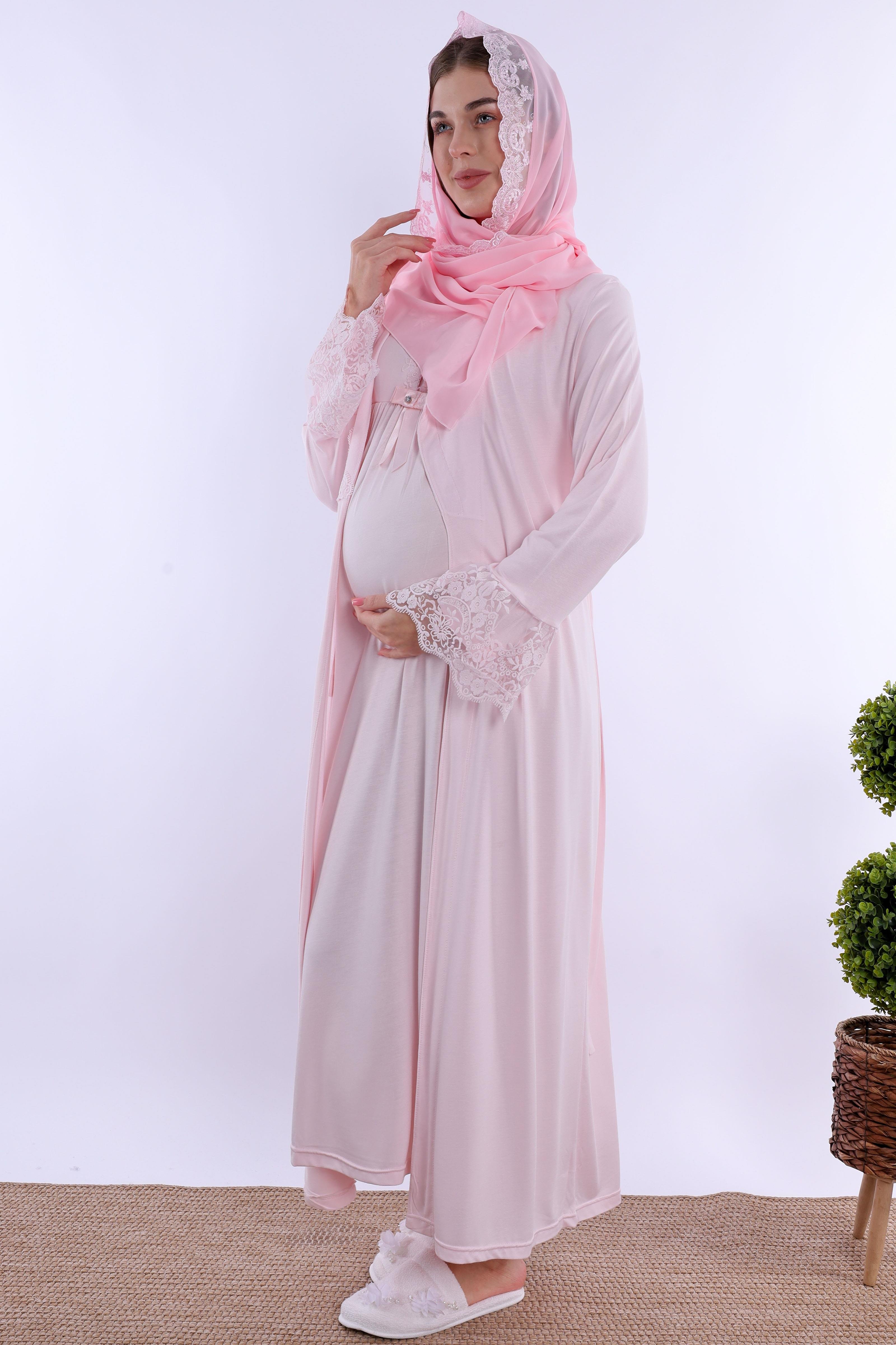 2T54172 Pembe Tesettürlü Sabahlıklı Hamile Lohusa Gecelik Takım