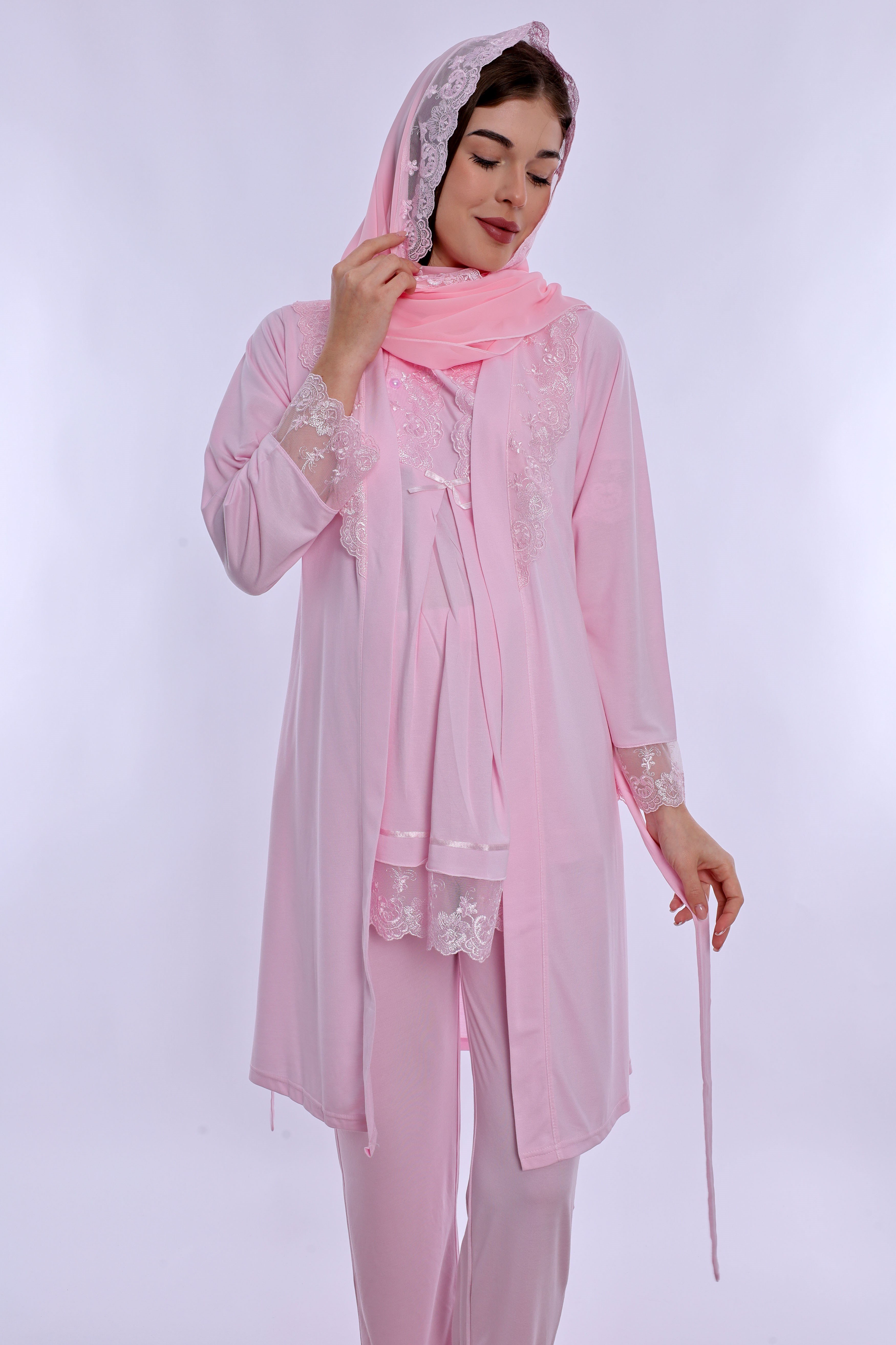 2T60342 Tesettürlü Rahat Kesim Emzirme Özellikli Sabahlıklı Hamile Lohusa Pijama Takımı  - Pembe