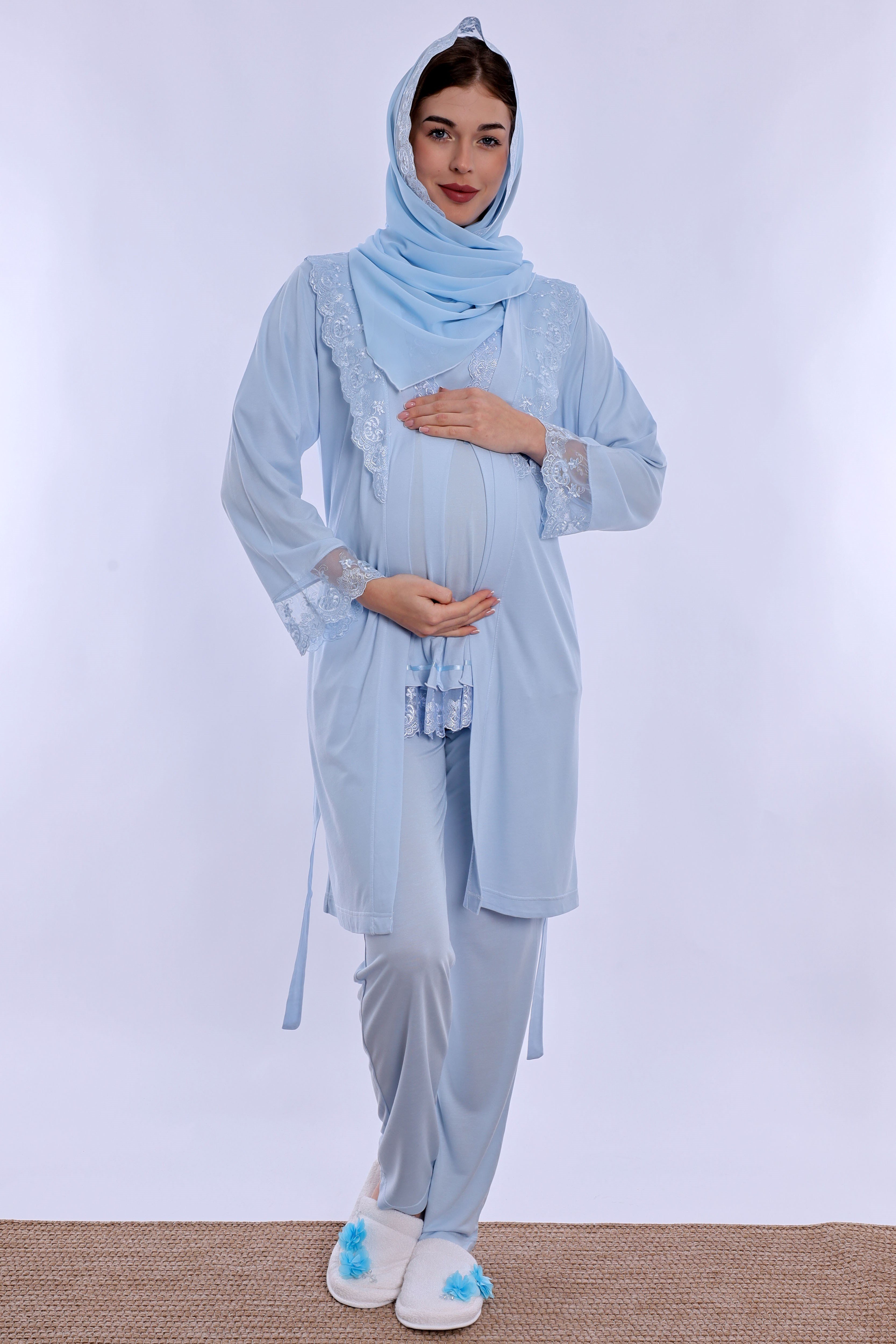2T60342 Tesettürlü Rahat Kesim Emzirme Özellikli Sabahlıklı Hamile Lohusa Pijama Takımı  - Mavi
