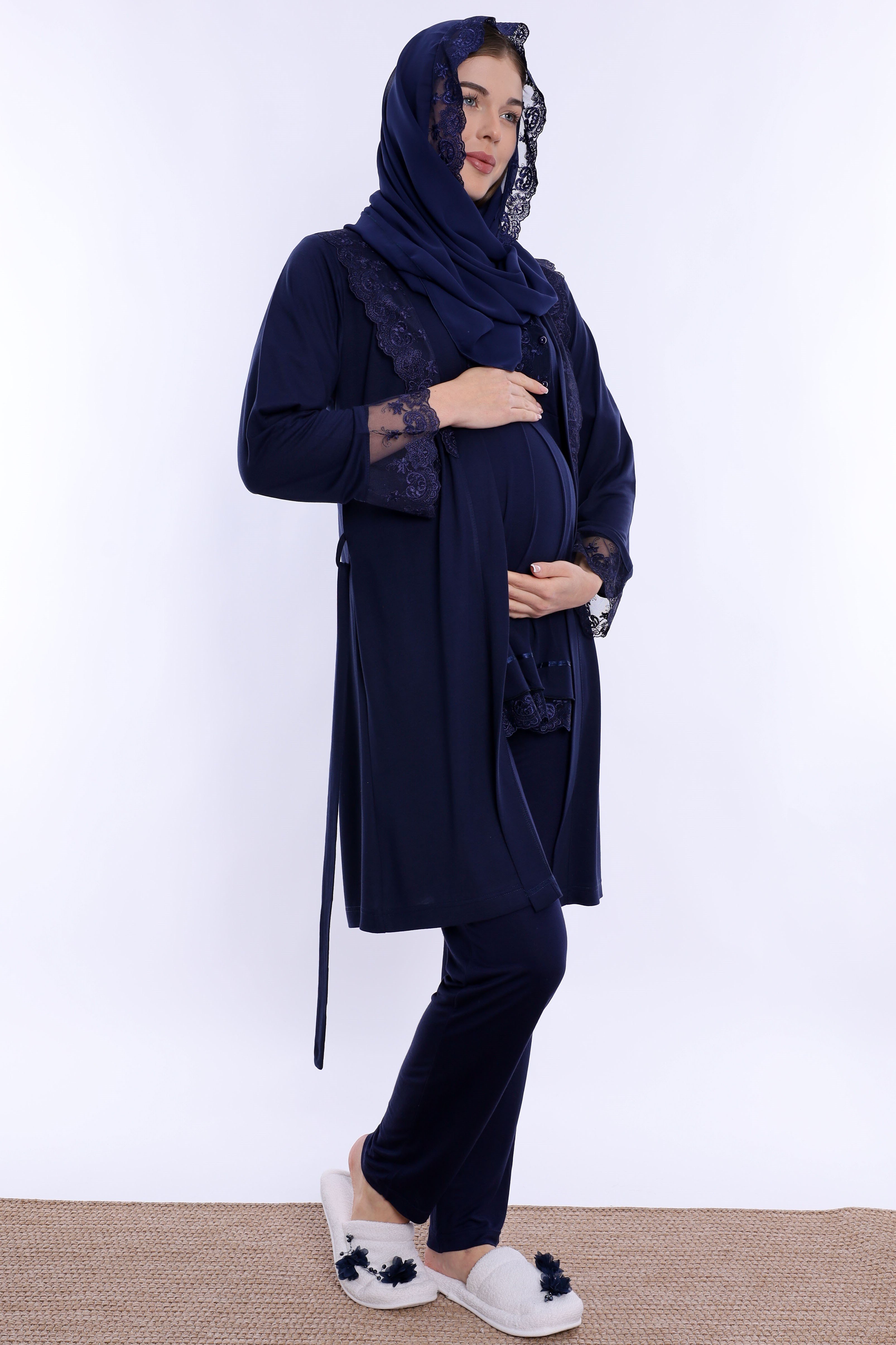 2T60342 Tesettürlü Rahat Kesim Emzirme Özellikli Sabahlıklı Hamile Lohusa Pijama Takımı  - Lacivert