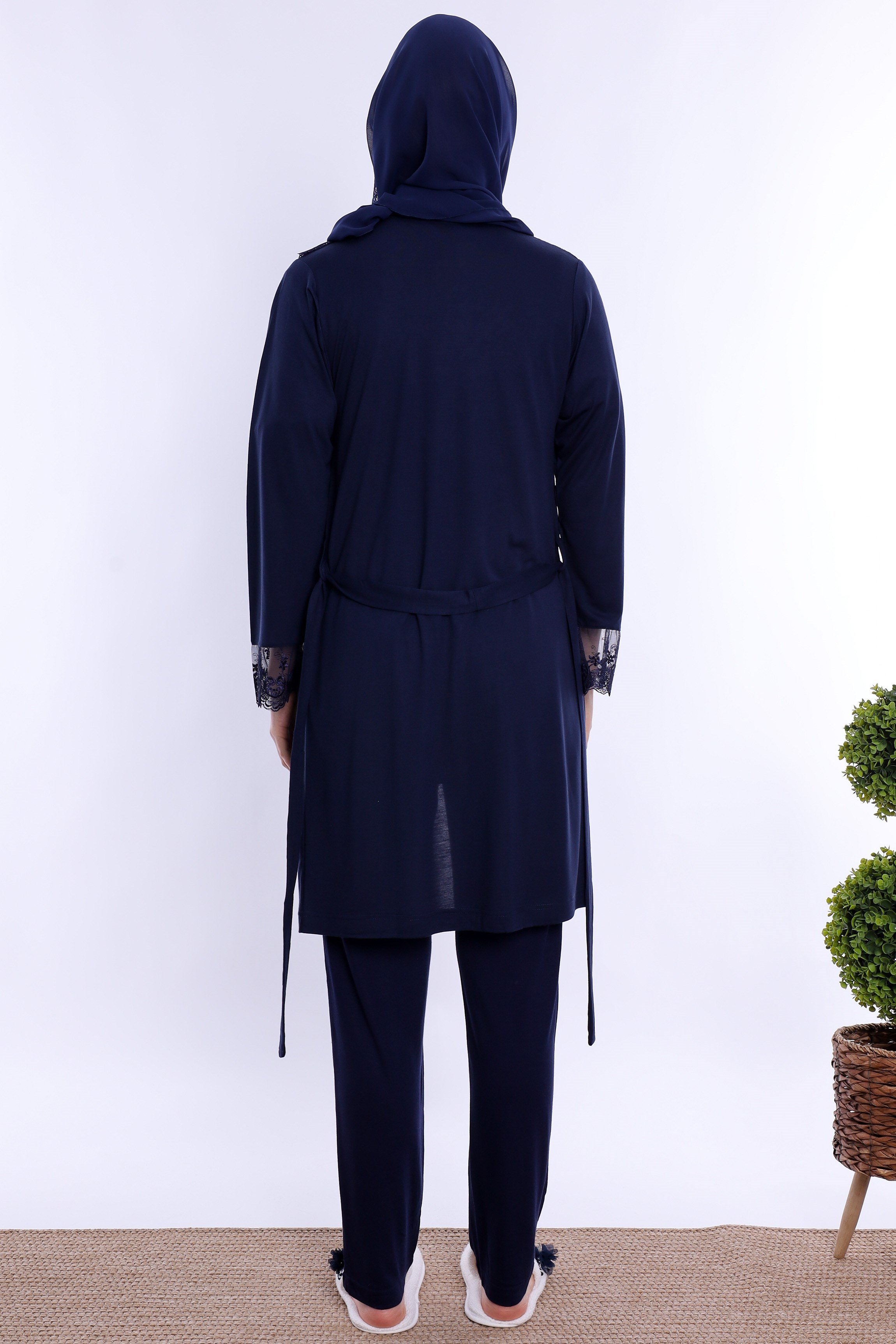 2T60342 Tesettürlü Rahat Kesim Emzirme Özellikli Sabahlıklı Hamile Lohusa Pijama Takımı  - Lacivert