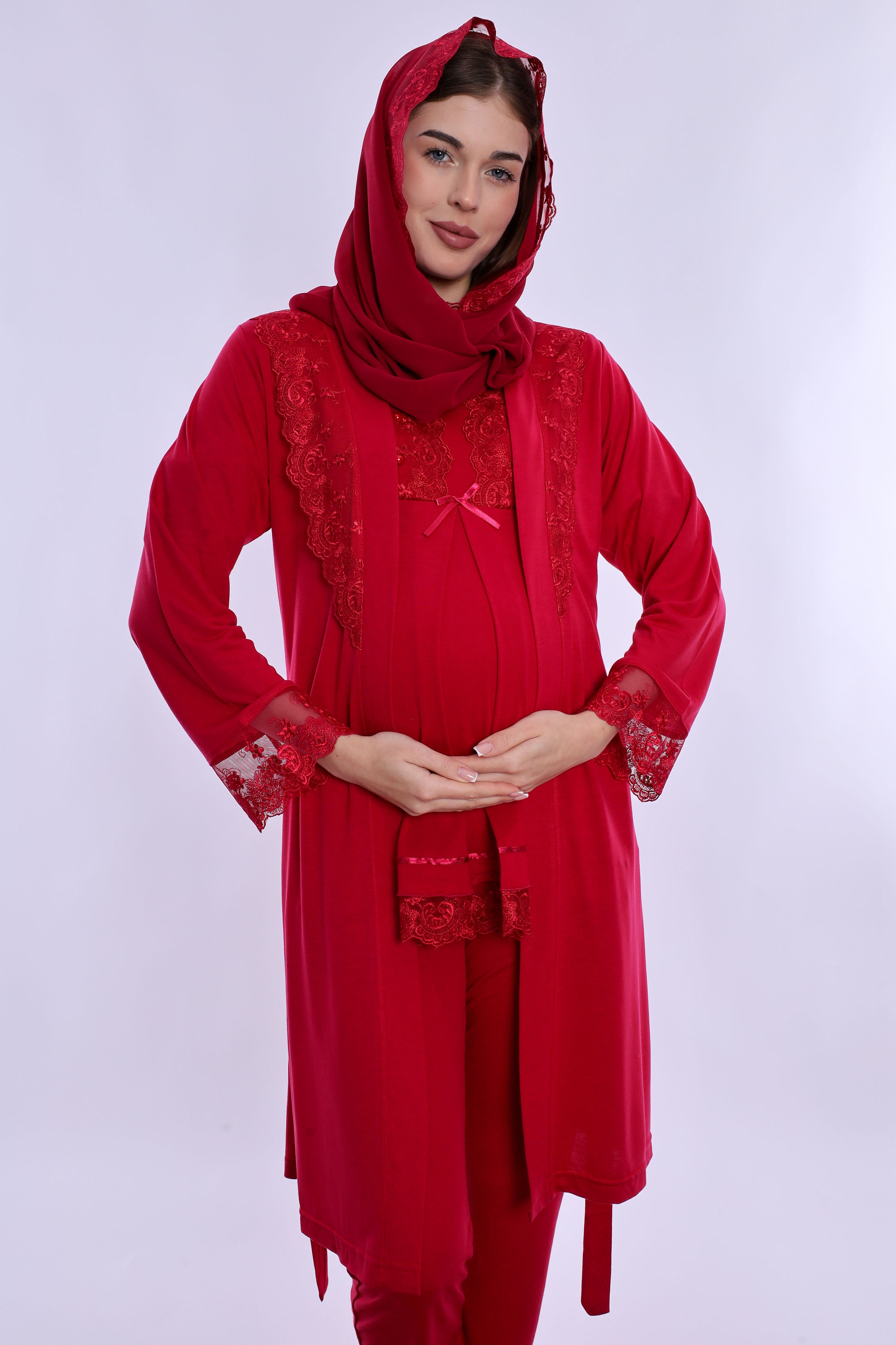 2T60342 Tesettürlü Rahat Kesim Emzirme Özellikli Sabahlıklı Hamile Lohusa Pijama Takımı  - Vişne